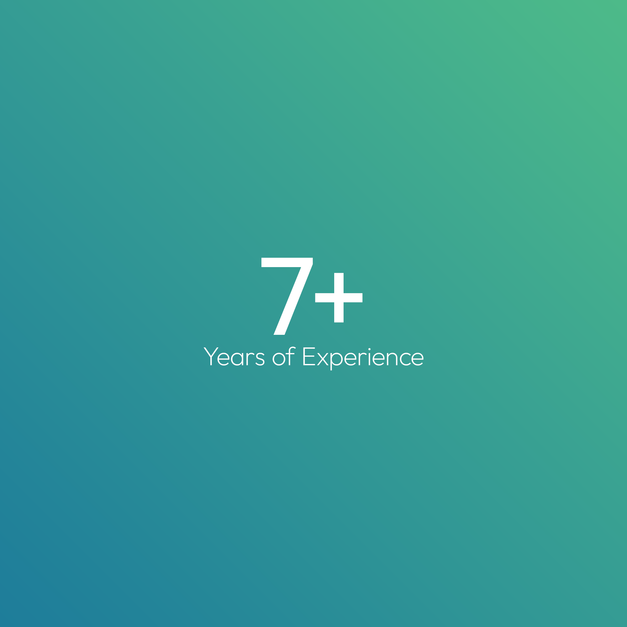 A gradient background transitioning from teal to light green with white text that reads '7+ Years of Experience'.