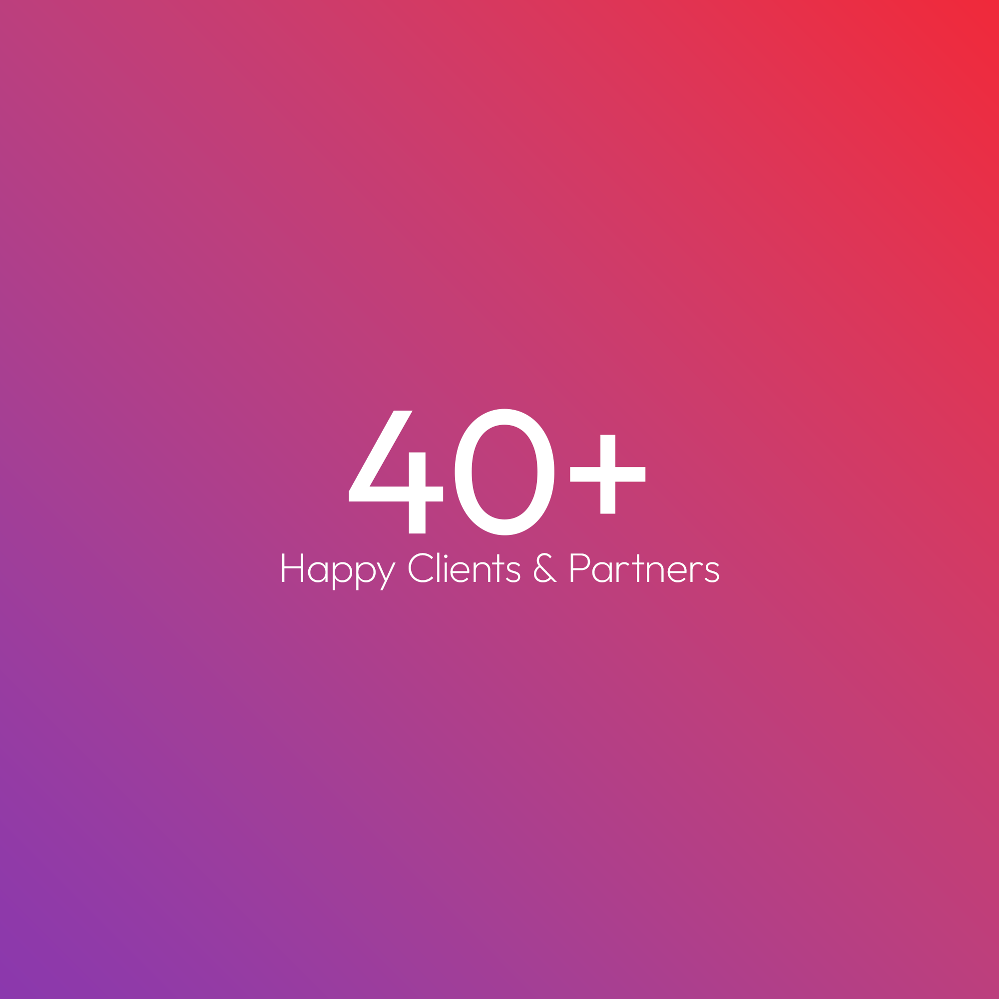 Gradient background with pink, purple, and red colors, partially showing the text '40+ Happy Clients & Partners'.