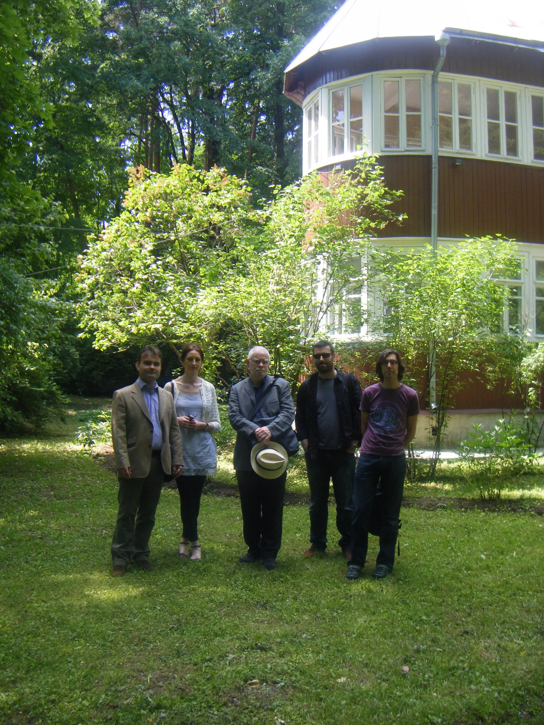 Smyth (centre) with fellow poets during a visit to Boris Pasternak's house, at Perdelkino, outside Moscow in June 2011. From left, Joe Woods, Caitriona O'Reilly, Alan Jude Moore and Ronan Kelly, biographer of Thomas Moore, who remains widely popular 