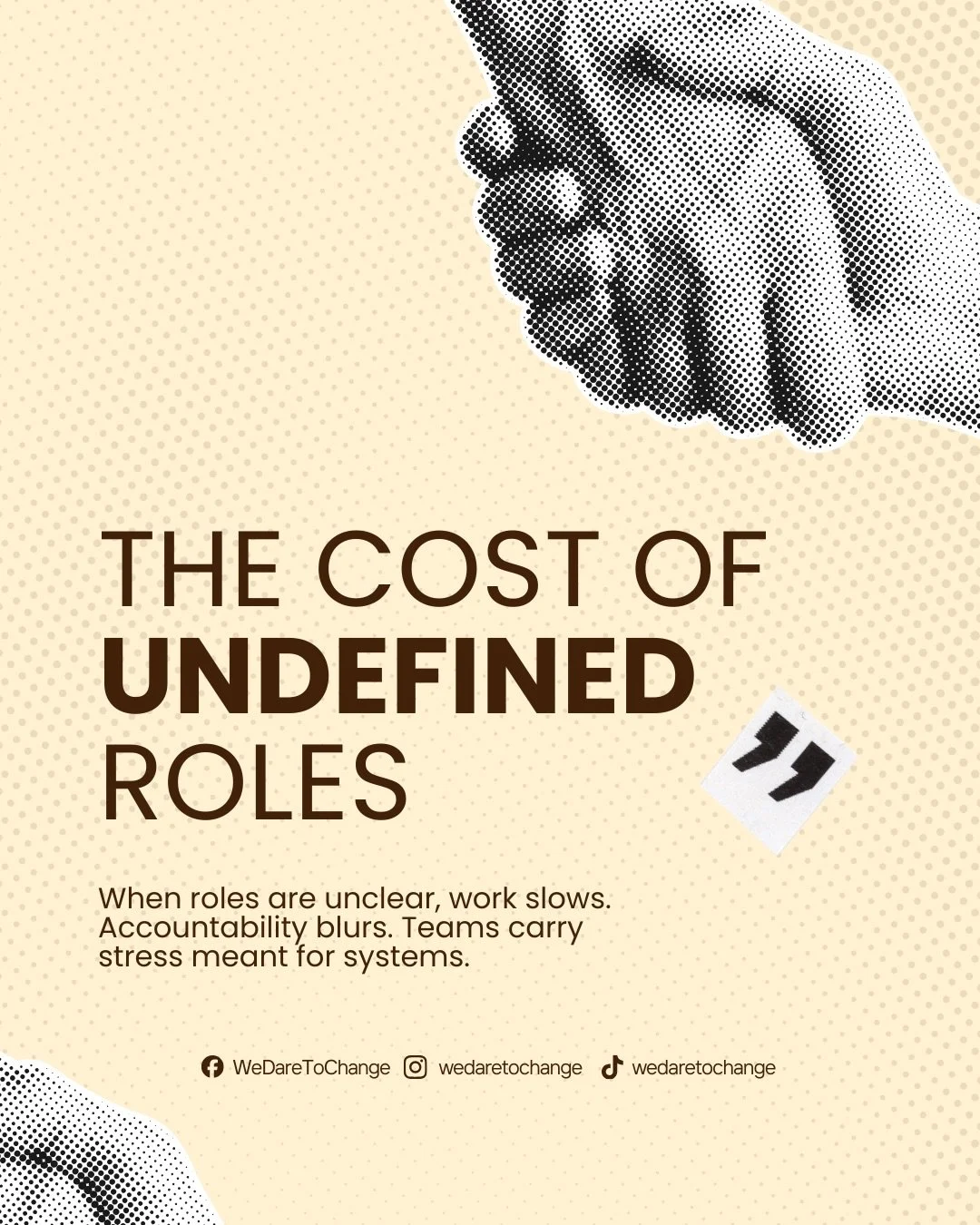 𝗧𝗛𝗘 𝗖𝗢𝗦𝗧 𝗢𝗙 𝗨𝗡𝗗𝗘𝗙𝗜𝗡𝗘𝗗 𝗥𝗢𝗟𝗘𝗦

Unclear roles slow progress and exhaust teams. When responsibility is shared by everyone, it belongs to no one.

𝗗𝗮𝗿𝗲 𝘁𝗼 𝗖𝗵𝗮𝗻𝗴𝗲, 𝗜𝗻𝗰. supports organizations by building clarity, accou