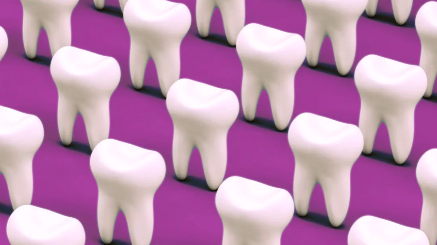 White cartoon teeth standing in rows with a purple carpet underneath