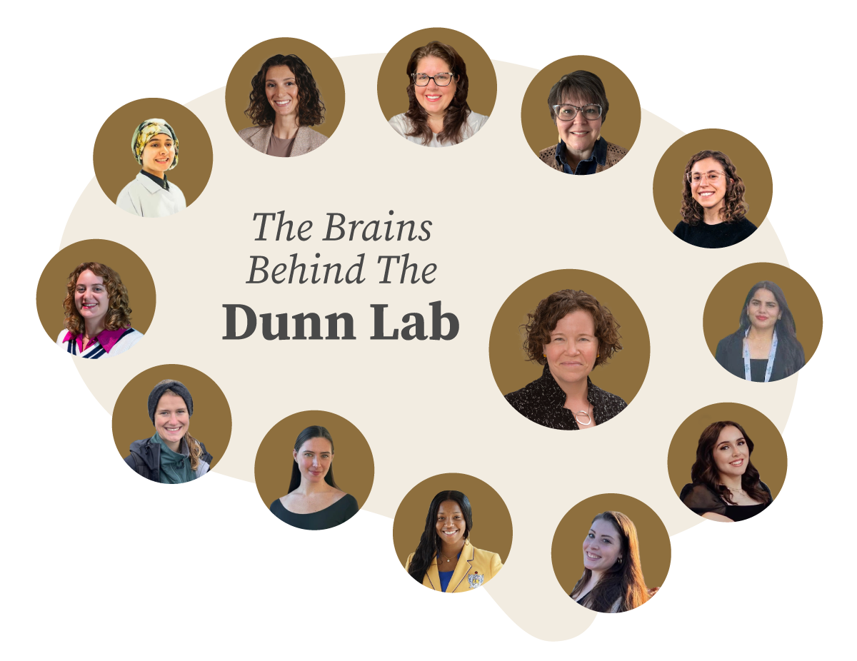 Group collage of the Dunn Lab members with Erin Dunn and the words "The Brains BehindThe Dunn Lab" in the center