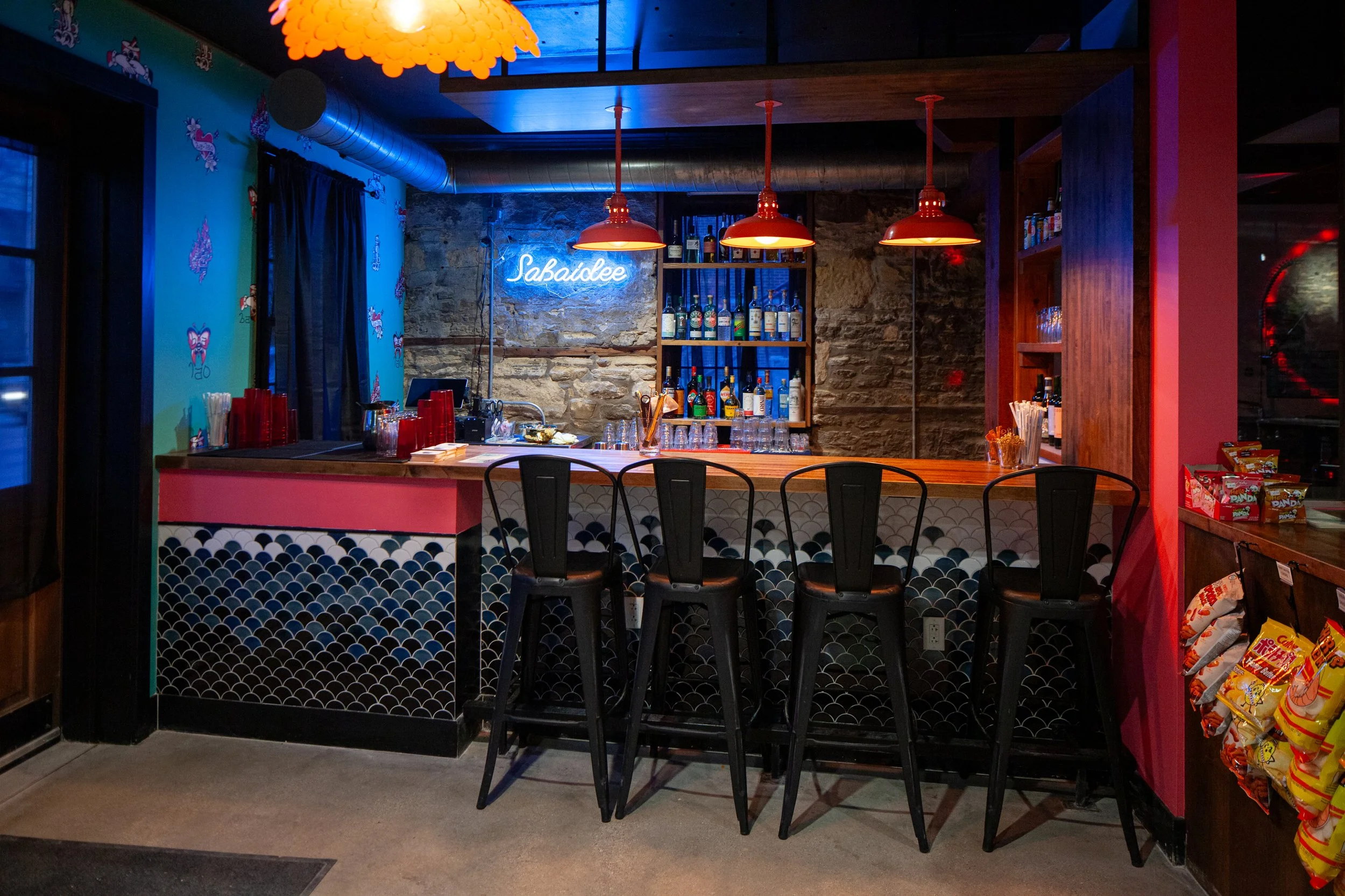 Full Bar Elevation with Teal Mural – Ba Lao Bar