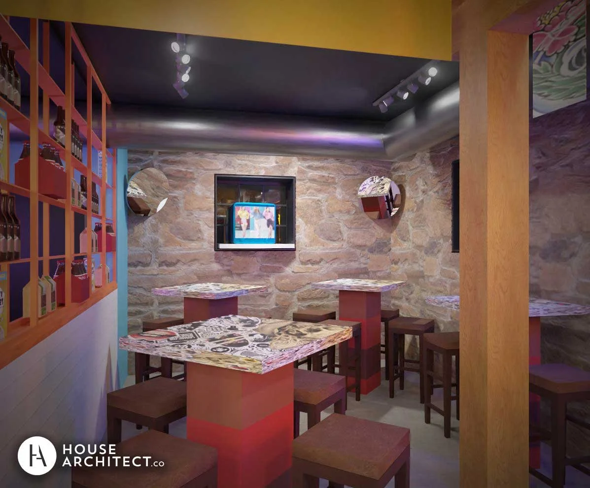 Rendering of Ba Lao bar with graphic tabletops, stone walls, warm wood accents, and convex mirrors inspired by bodegas.