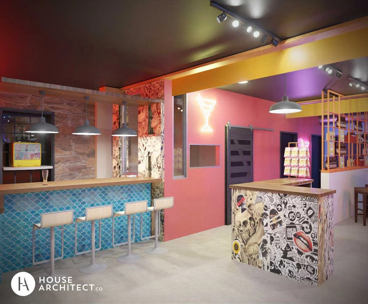 Rendering of Ba Lao bar with graphic surfaces, neon lighting, retro colors, and a sticker-blasted host station inspired by tattoo art.