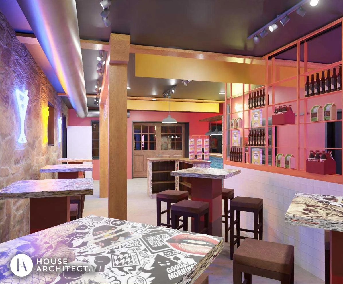 Rendering of Ba Lao bar with punk-graphic tabletops, wooden stools, neon signs, stone accent wall, and colorful shelving stocked with bottles and boxes.