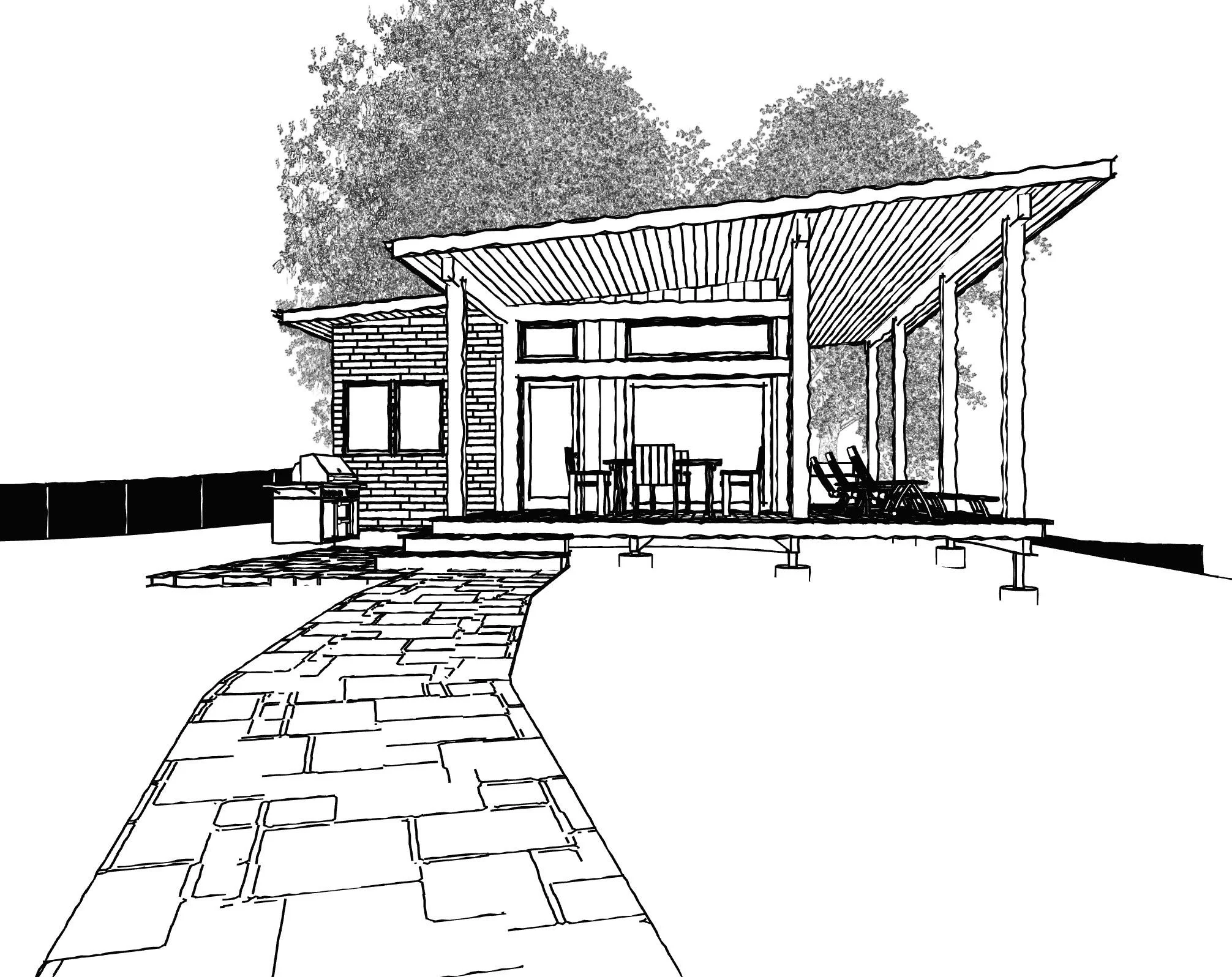 Architectural sketch of a modern ADU with a wrap-around porch, stone and wood materials, and expansive wooded views.