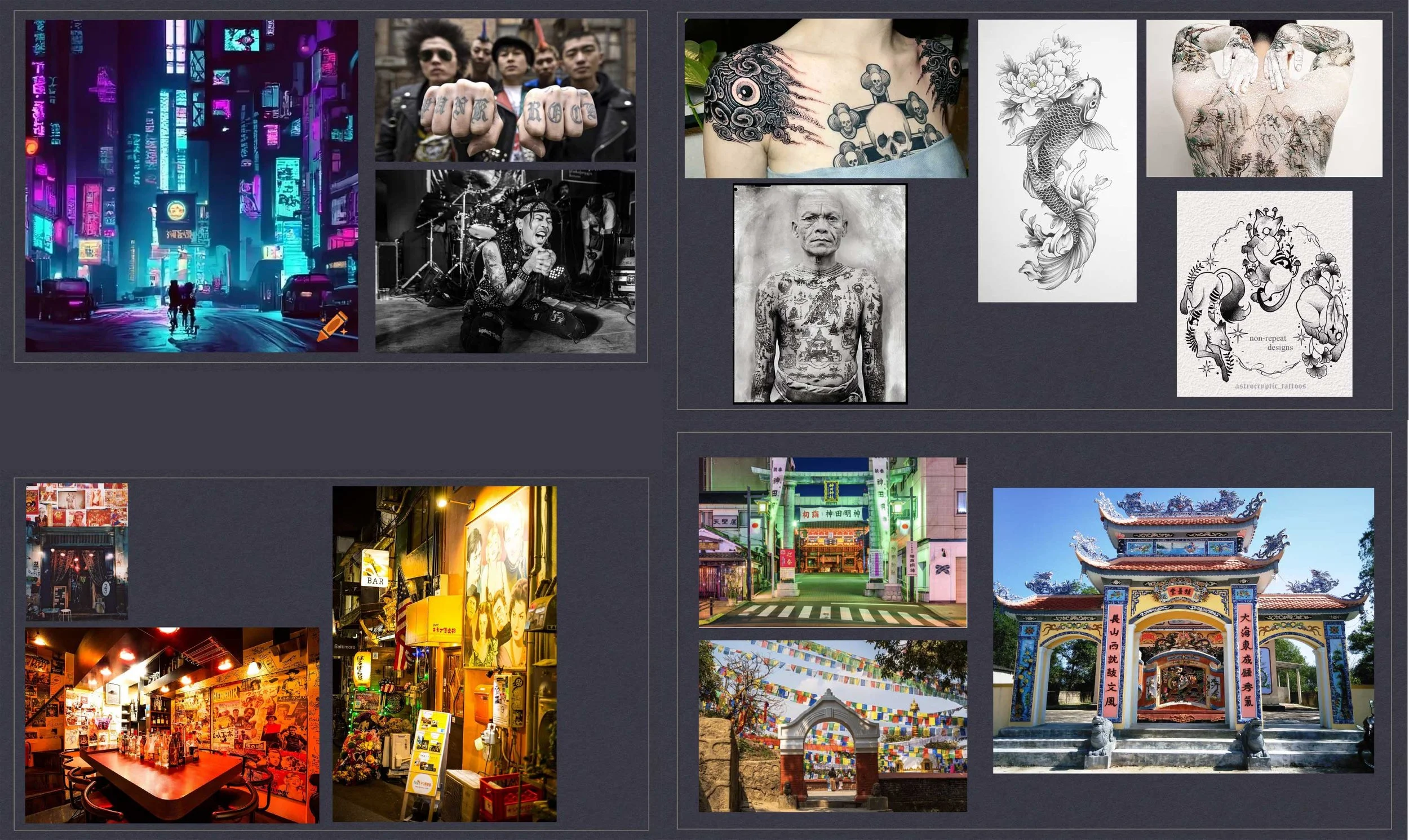 Mood board for Ba Lao featuring neon cityscapes, punk musicians, tattoo art, gritty alley bars, and asian cultural imagery.