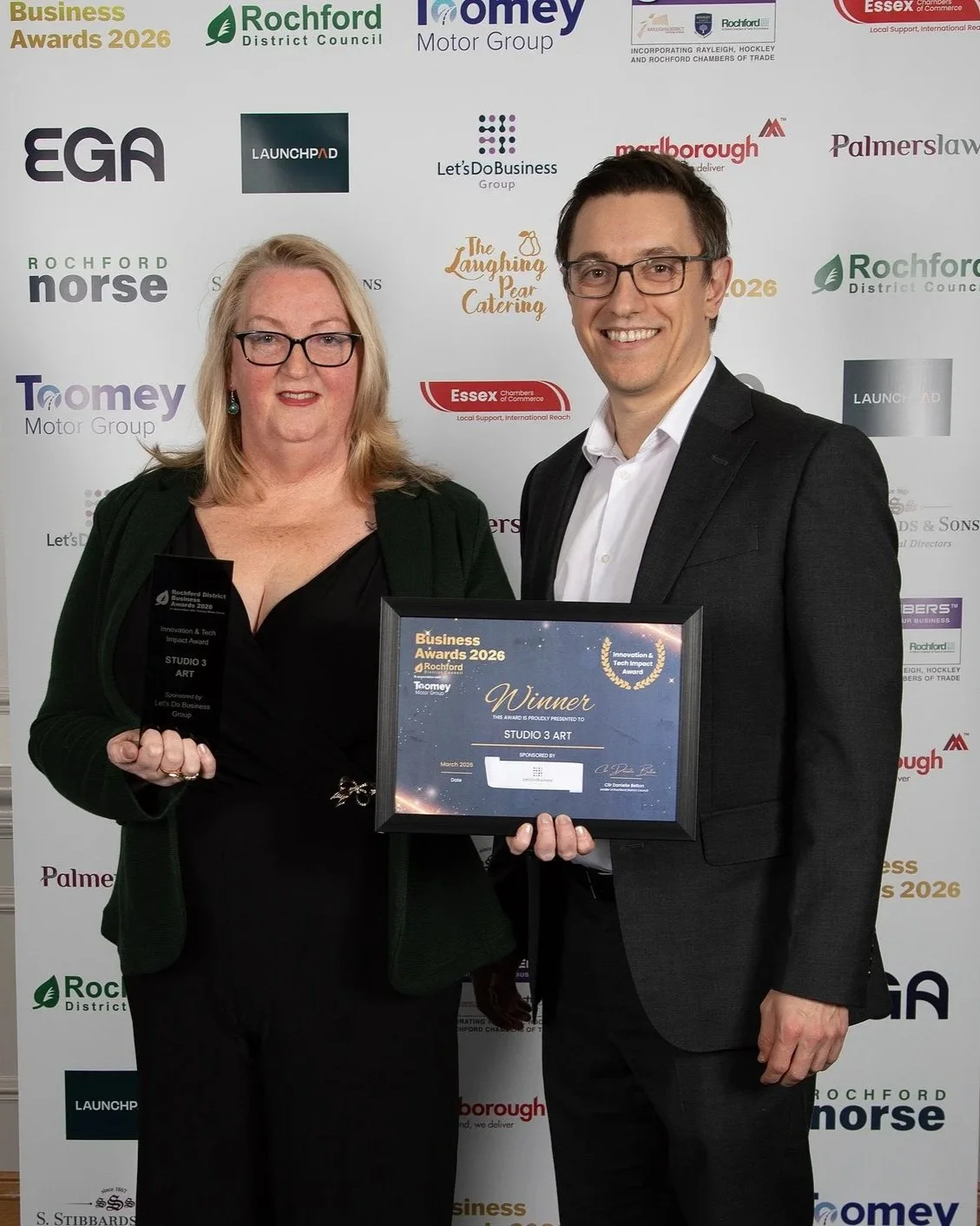 Studio 3 Art wins at Rochford Business Awards, Caroline owner of Studio 3 Art pictured with Craig Baston from Let's Do Business Group