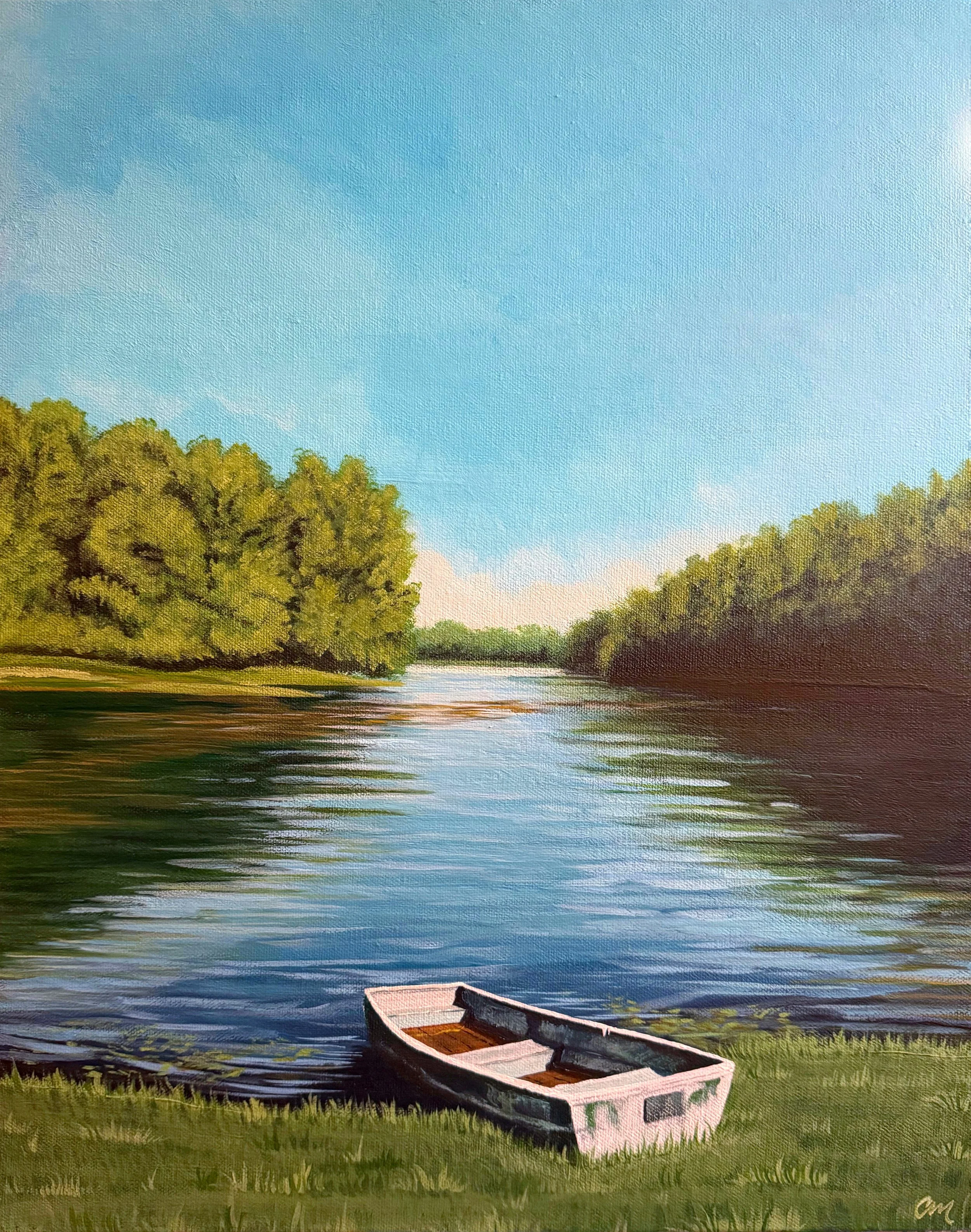 A painting of a serene river scene with calm water, green trees on either side, and a blue sky with some clouds. A small boat rests on the grassy riverbank in the foreground.