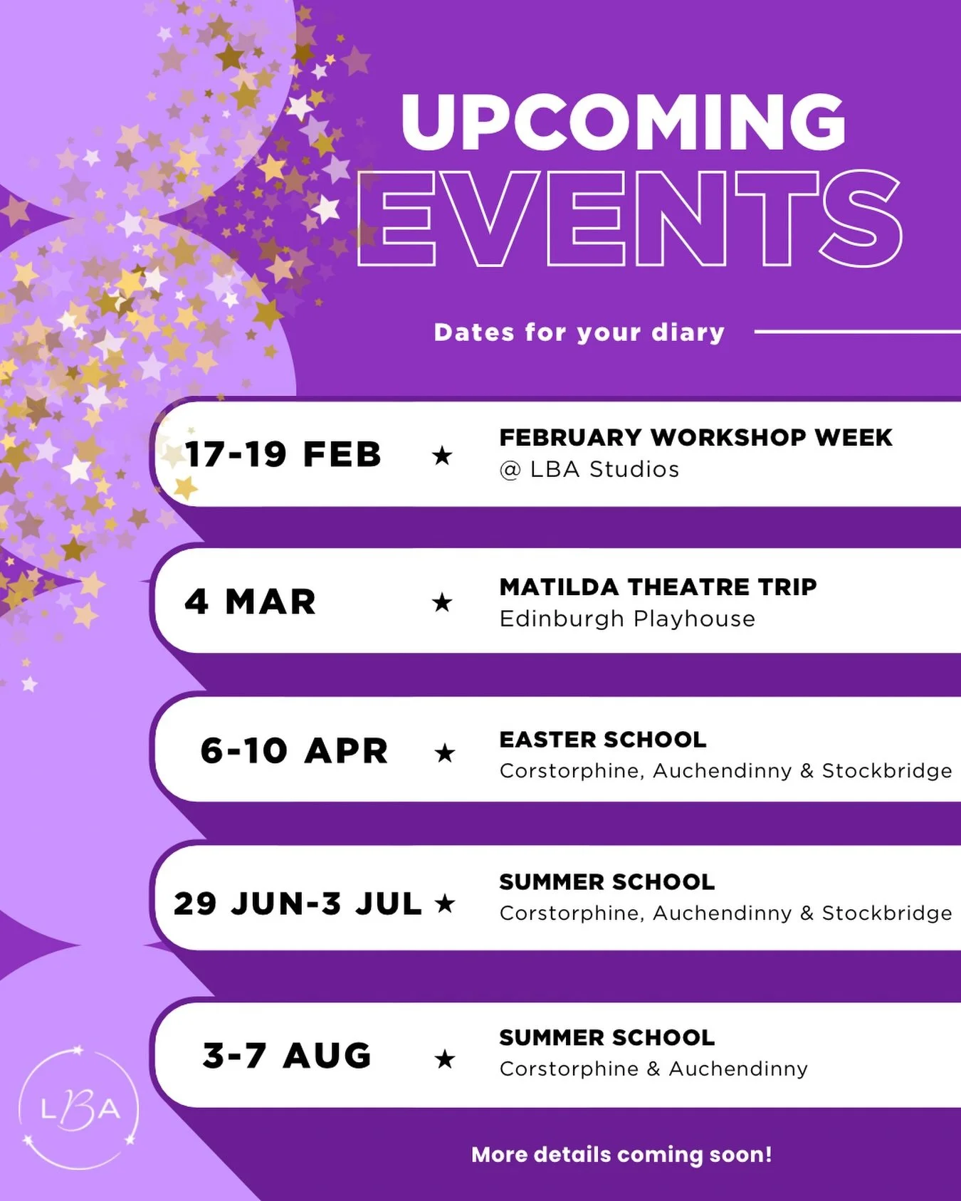 Dates for your Diary 🗓️💫

Lots of exciting events coming up for our dancers! 💜
Save the dates - full details coming very soon ✨