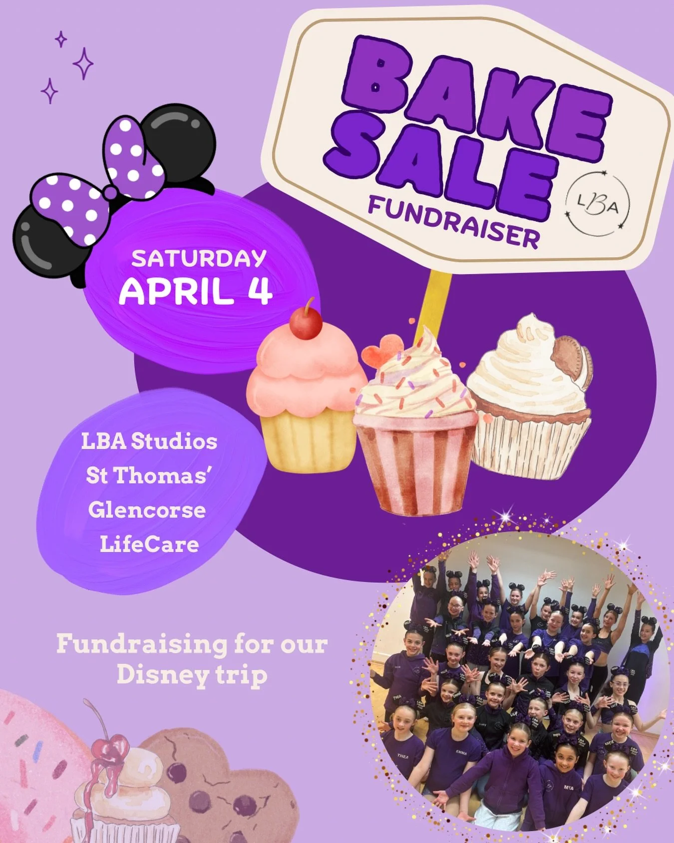 Bake Sale Fundraiser at all 4 venues!! 🧁🍪🍰 

Our amazing Disney Dancers are fundraising for their trip in May and would hugely appreciate your support ✨

Pop by one of our 4 venues tomorrow morning for a tasty treat! 

📍 LBA Studios, St Thomas&rs