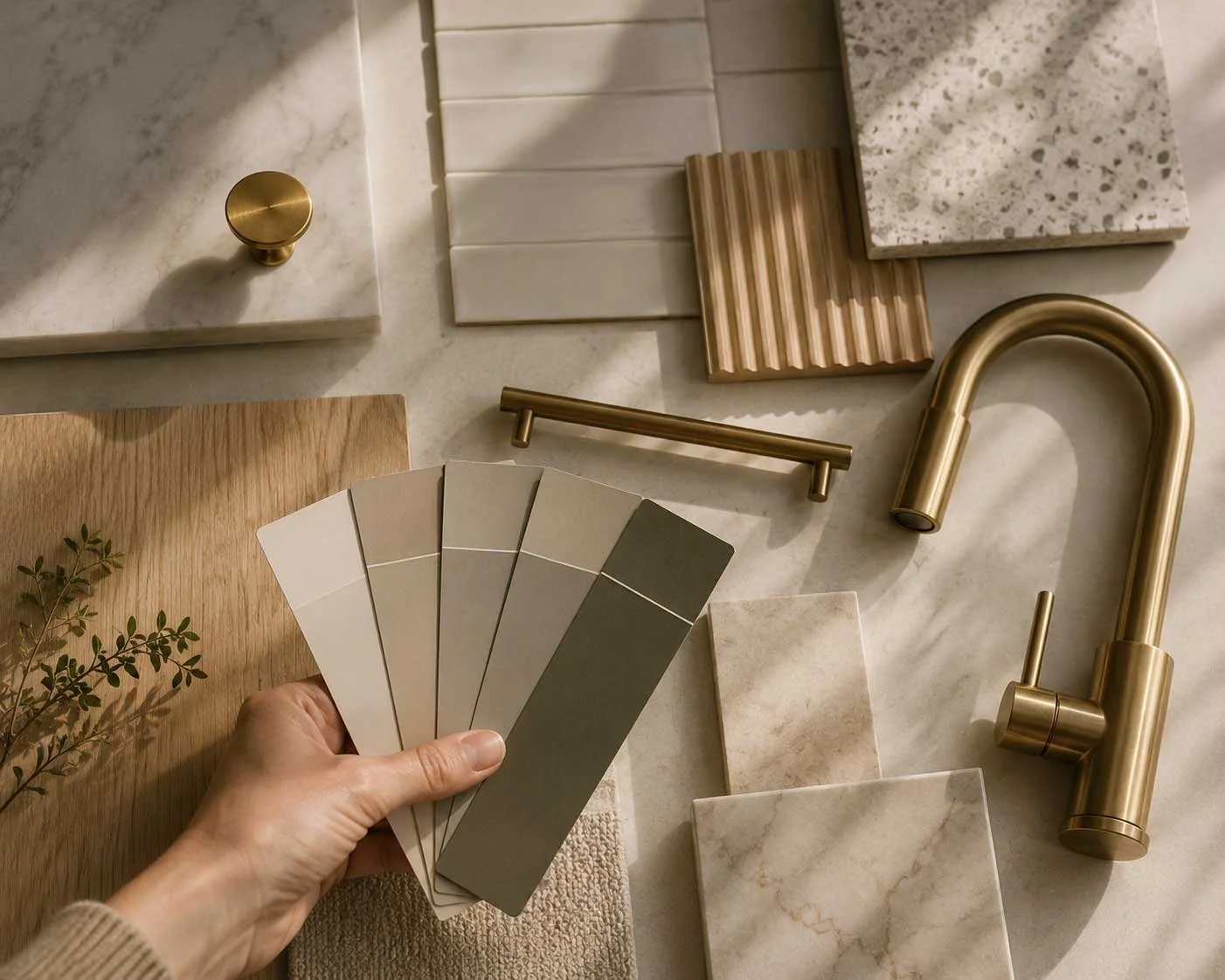 Person holding paint swatches against interior finishing samples