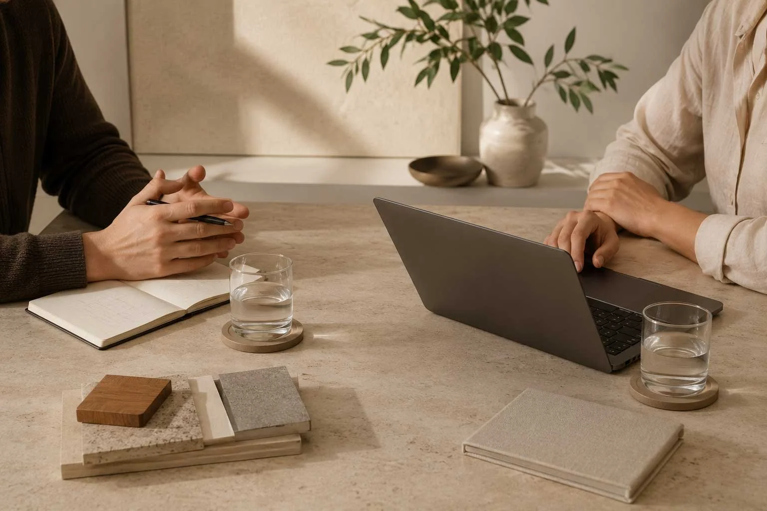 Two people sitting across a table to discuss a home renovation project by Waterfront, a design-build firm in Toronto