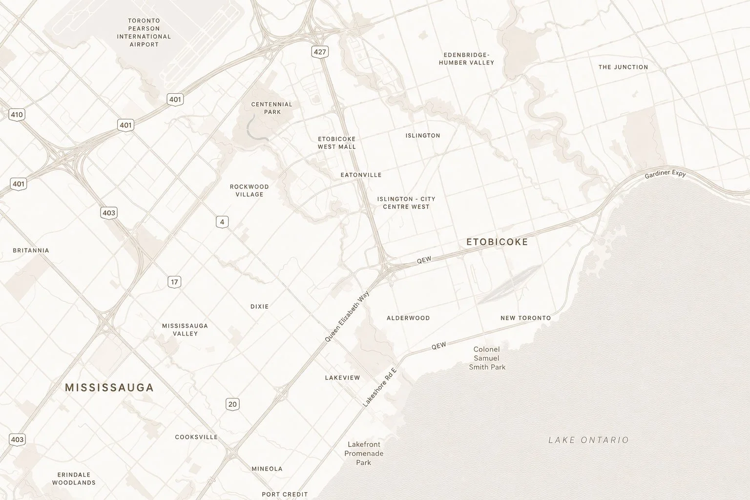 A map of the west end Toronto and Mississauga area comprising Etobicoke, The Junction, Lakeview, Cooksville, High Park, and Mississauga Valley.