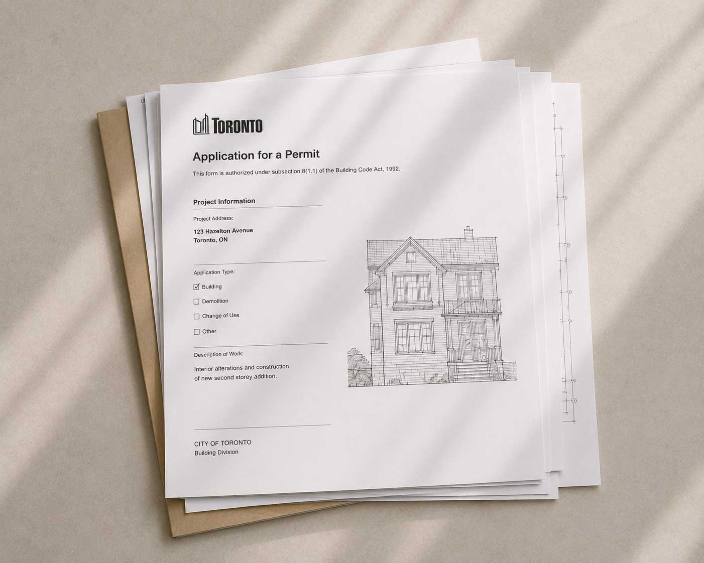 A Toronto Permit application sitting on top of a stack of papers for a house renovation.