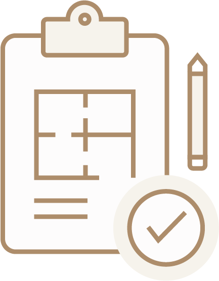 A clipboard with design details, a pencil, and a checkmark