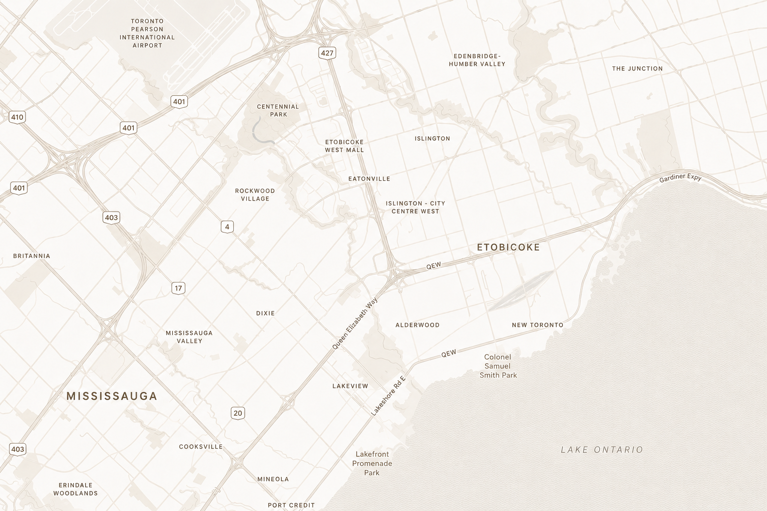 A map of the west end Toronto and Mississauga area comprising Etobicoke, The Junction, Lakeview, Cooksville, High Park, and Mississauga Valley.
