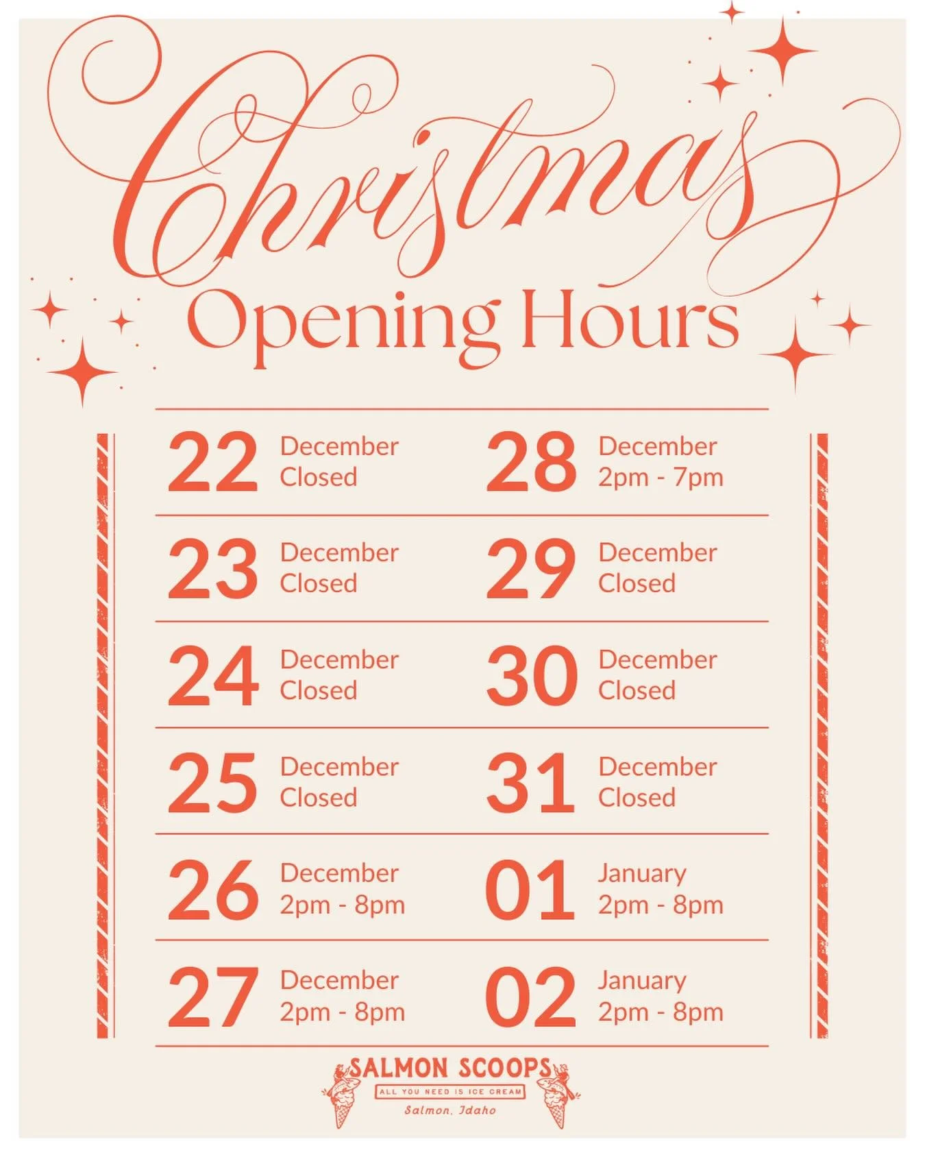 ✨HOLIDAY HOURS✨

Today&rsquo;s the last day to stock up on ice cream before Christmas! We wish you all a fun and safe holiday season and look forward to seeing you all in the New Year.🎄