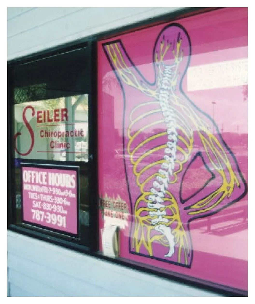 Chiropractic clinic window with anatomical poster and office hours colored window film