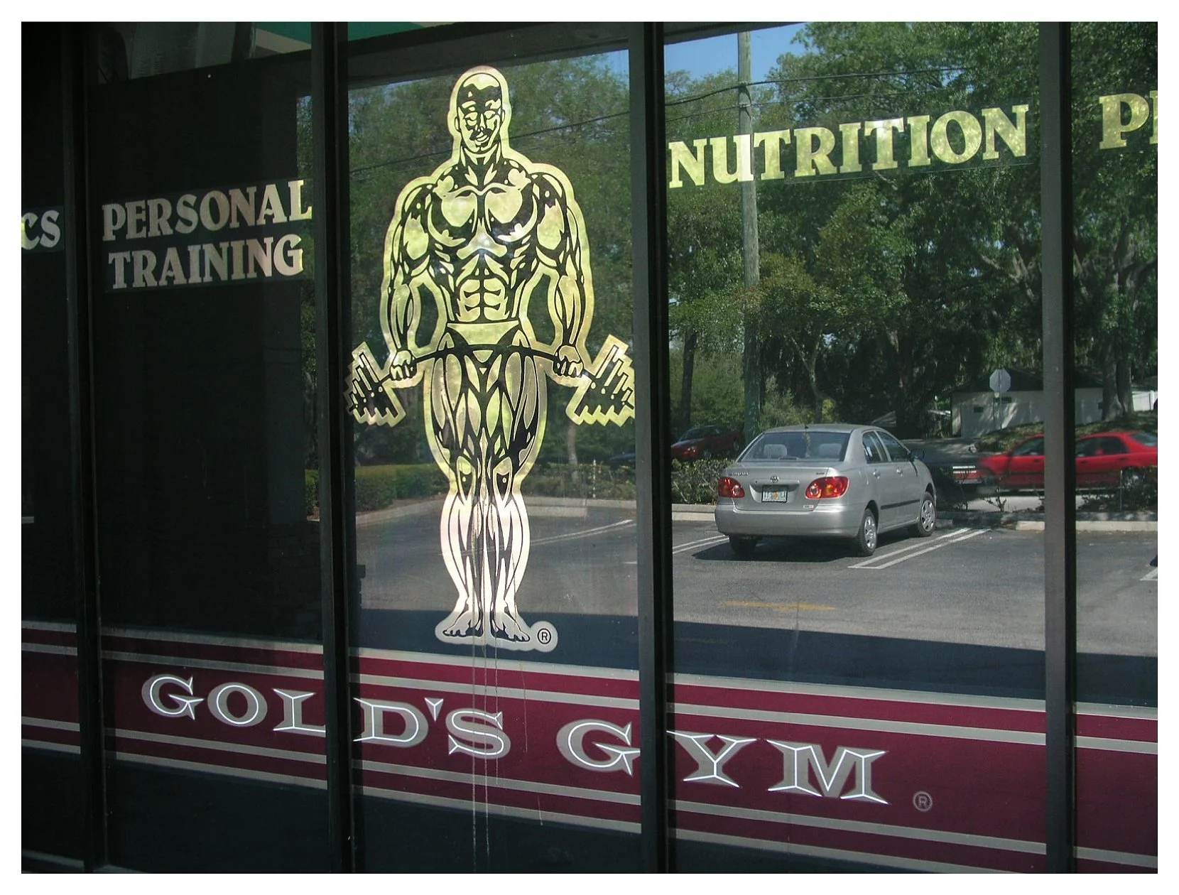 Gold's Gym logo on window, with reflection of parking lot and cars. colored window film