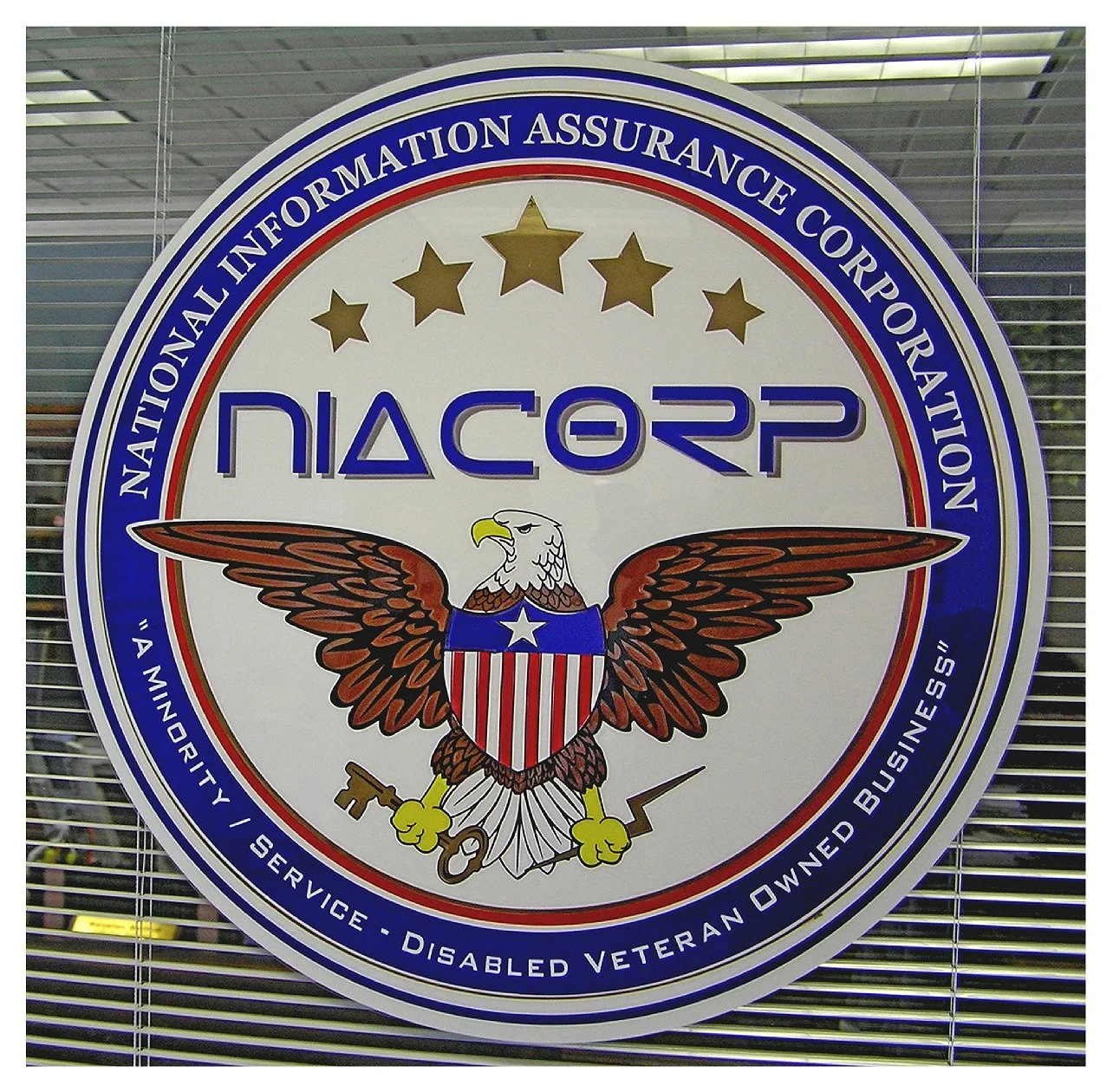 Logo of the National Information Assurance Corporation featuring an eagle and stars, with text indicating a minority service-disabled veteran-owned business. colored window film