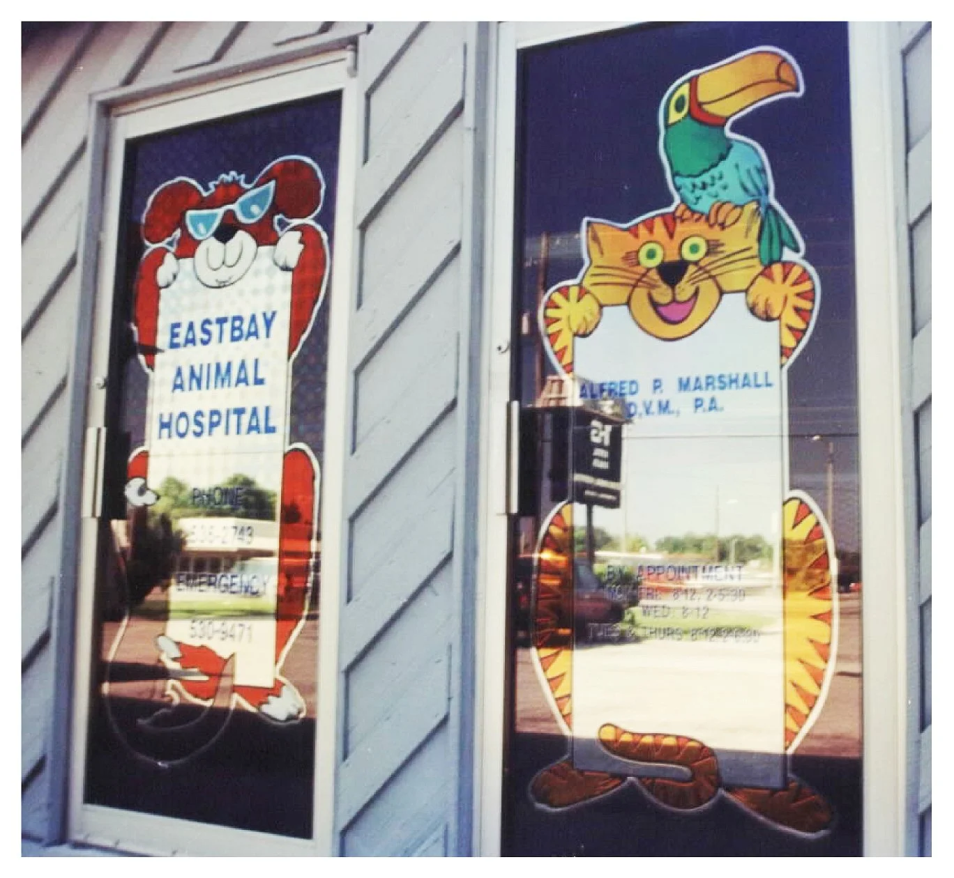 Two glass doors with cartoon animal graphics and text. Left door features a dog with sunglasses, text reads 'Eastbay Animal Hospital.' Right door has a cat holding a sign with a bird colored window film