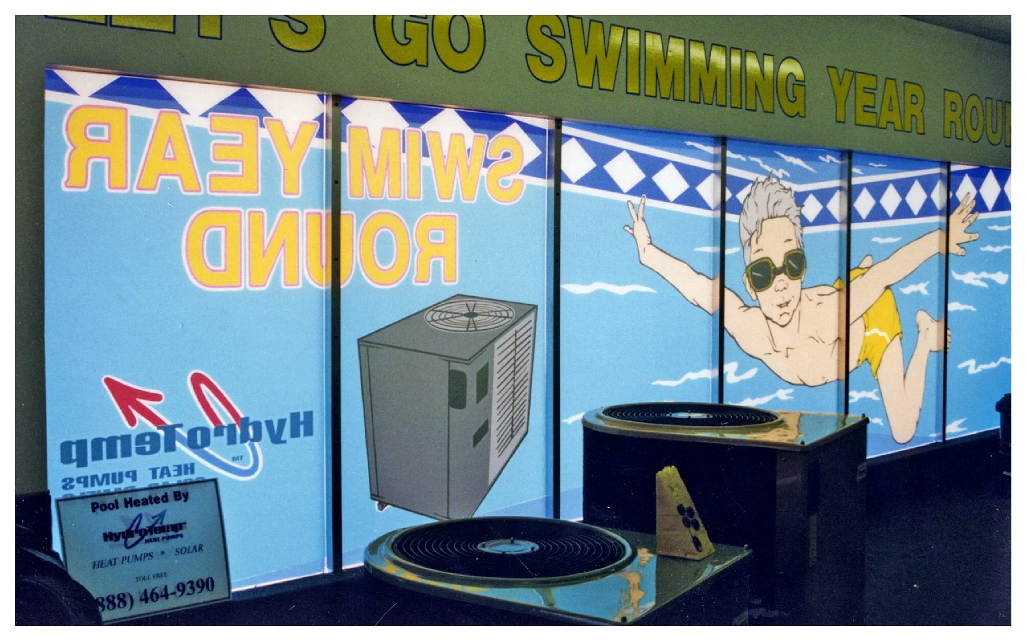 Advertisement for swimming pool heating with a cartoon swimmer and heat pump graphics. colored window film