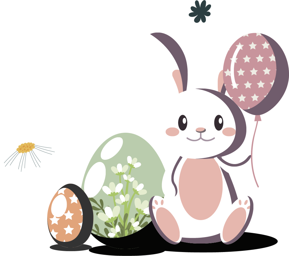 Cute illustration of a bunny holding a star-patterned balloon with decorated Easter eggs, a green egg with white floral design, and a small bee nearby.