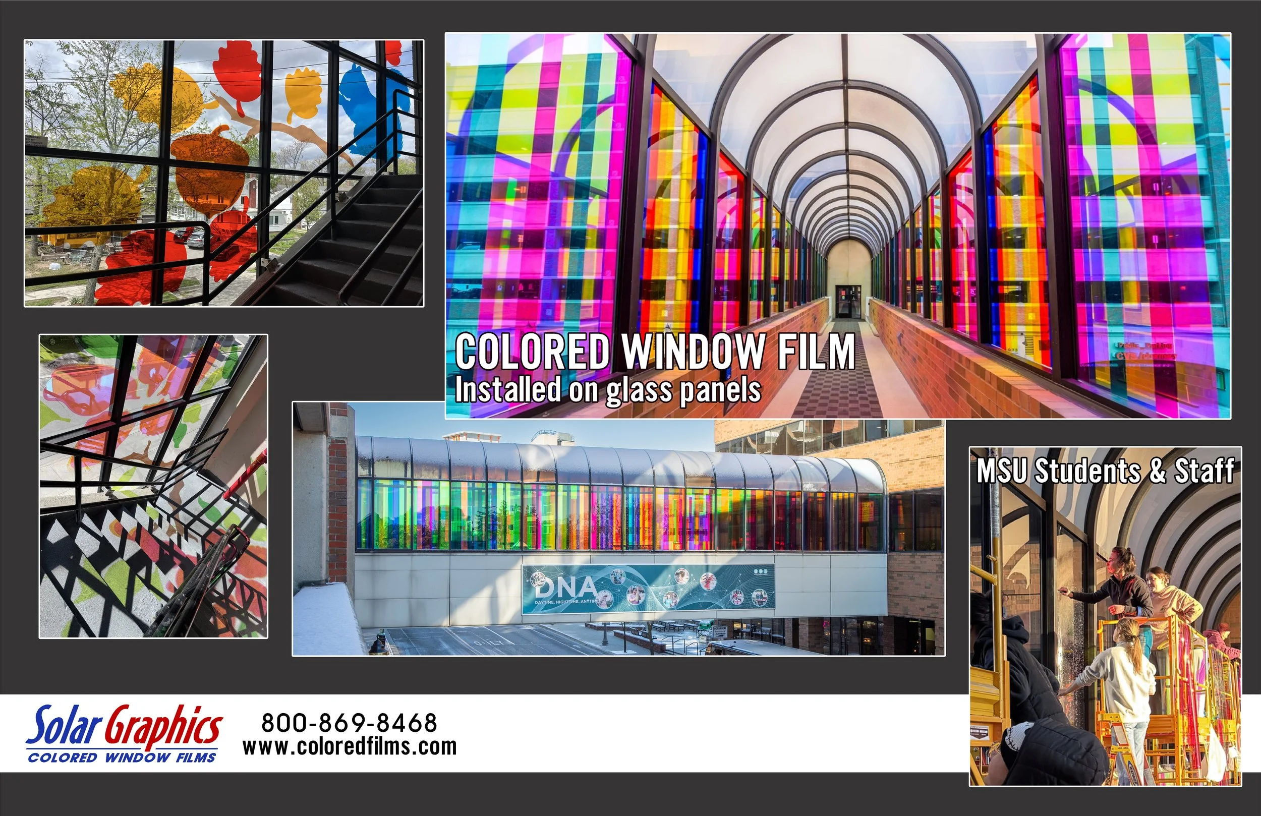 Barbara Pearsall’s integrative arts and humanities MSU students have left their mark in other eye-catching spots throughout East Lansing. In November 2025, 18 students in her Color and Design course installed colored film strips on the windows of the