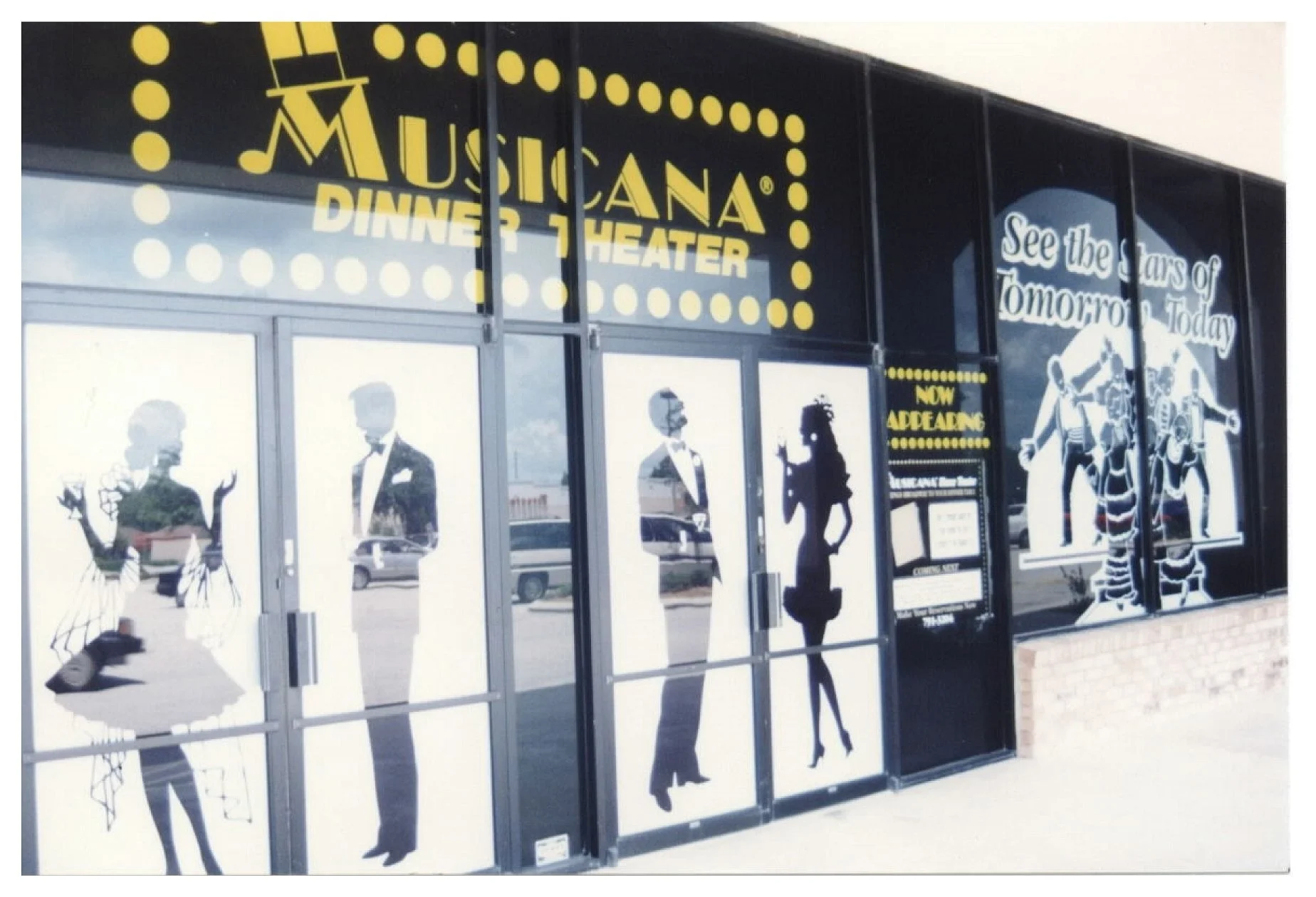 Exterior of Musicana Dinner Theater with silhouettes of well-dressed figures on doors and a sign reading 'See the Stars of Tomorrow Today.' colored window film