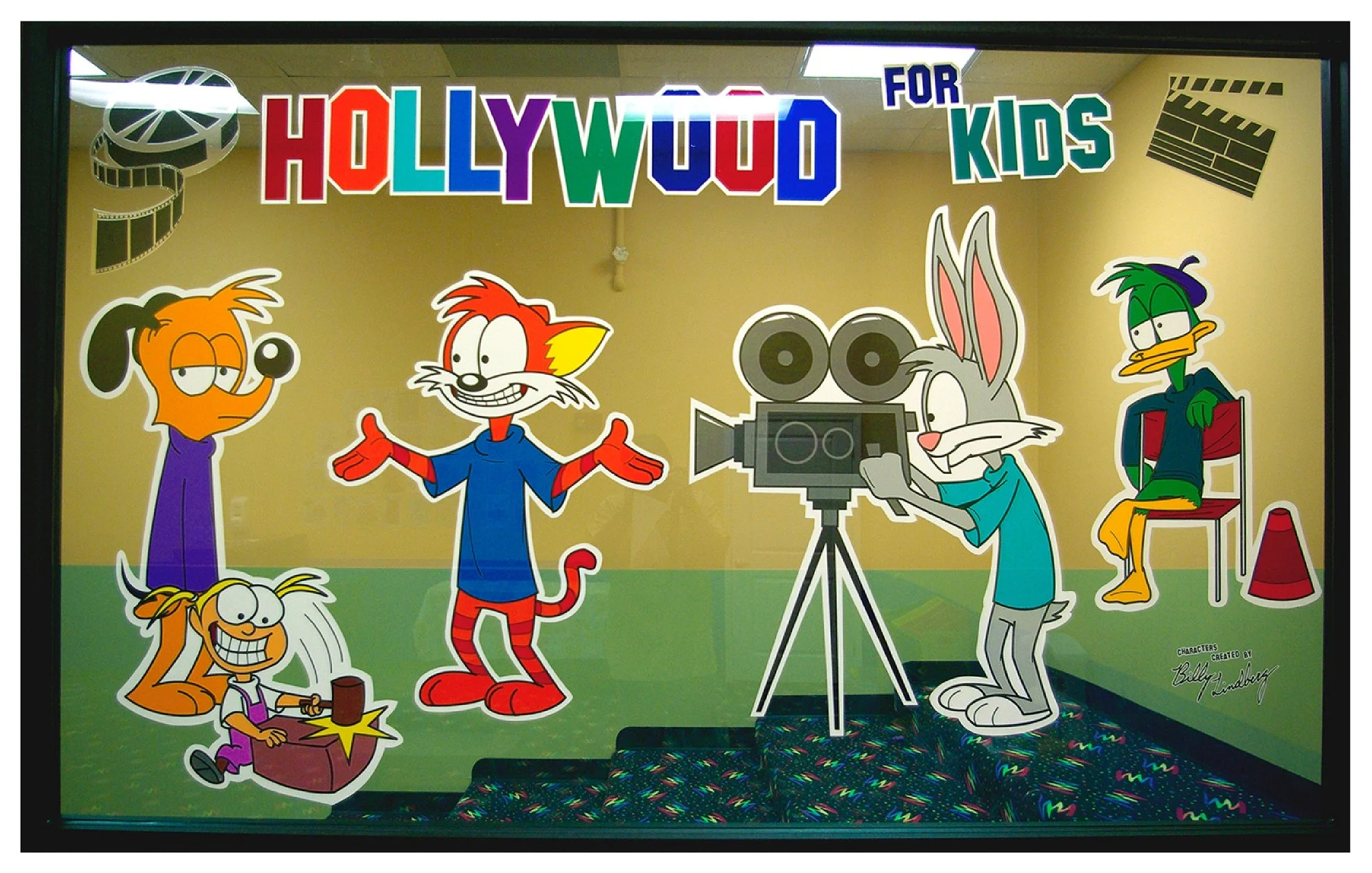 Cartoon characters at Hollywood for Kids window display colored window film