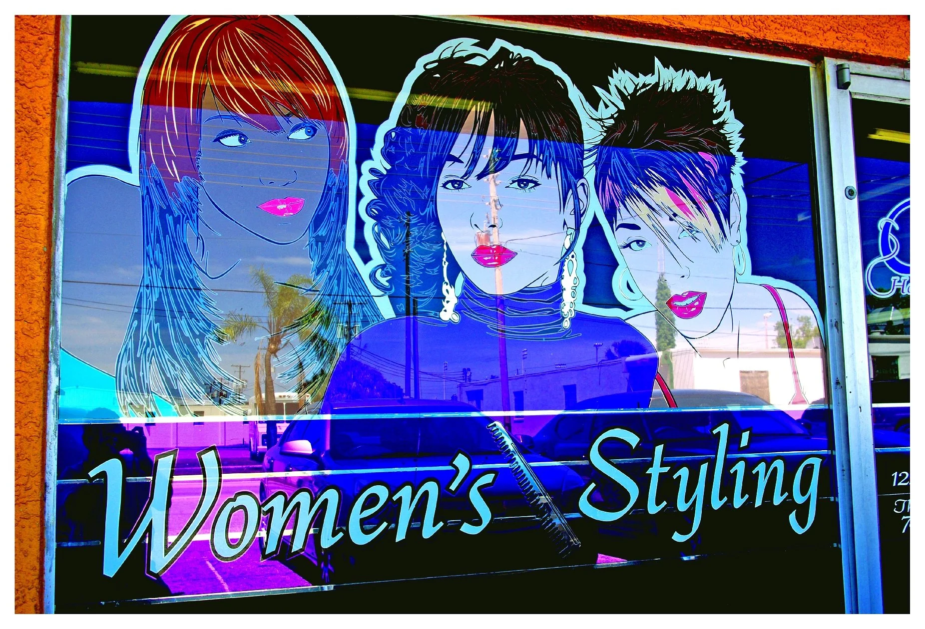 Colorful illustration on a window displaying women's hairstyles with text 'Women's Styling' below. colored window film