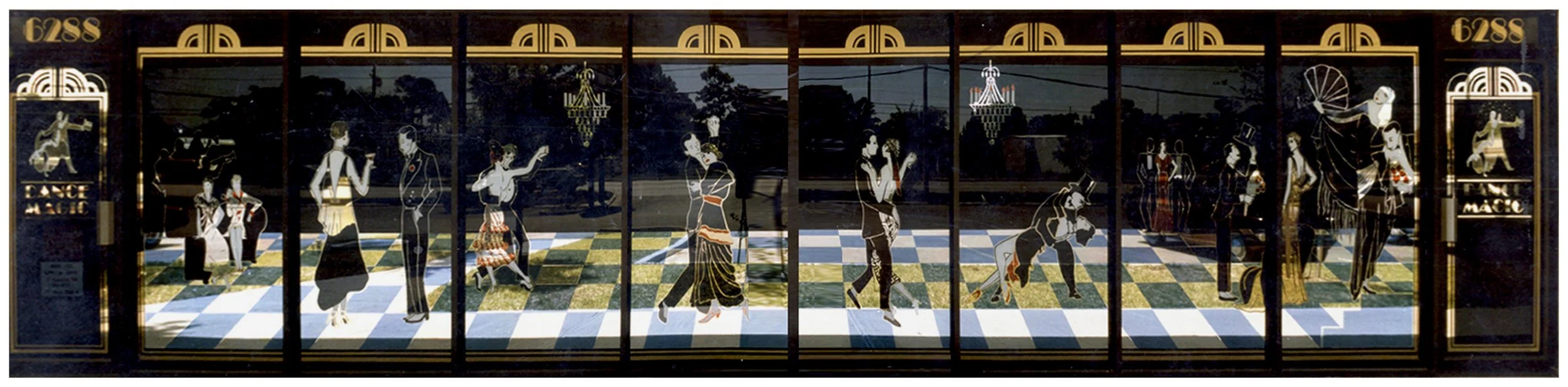 Art deco stained glass depicting dancers and musicians. colored window film