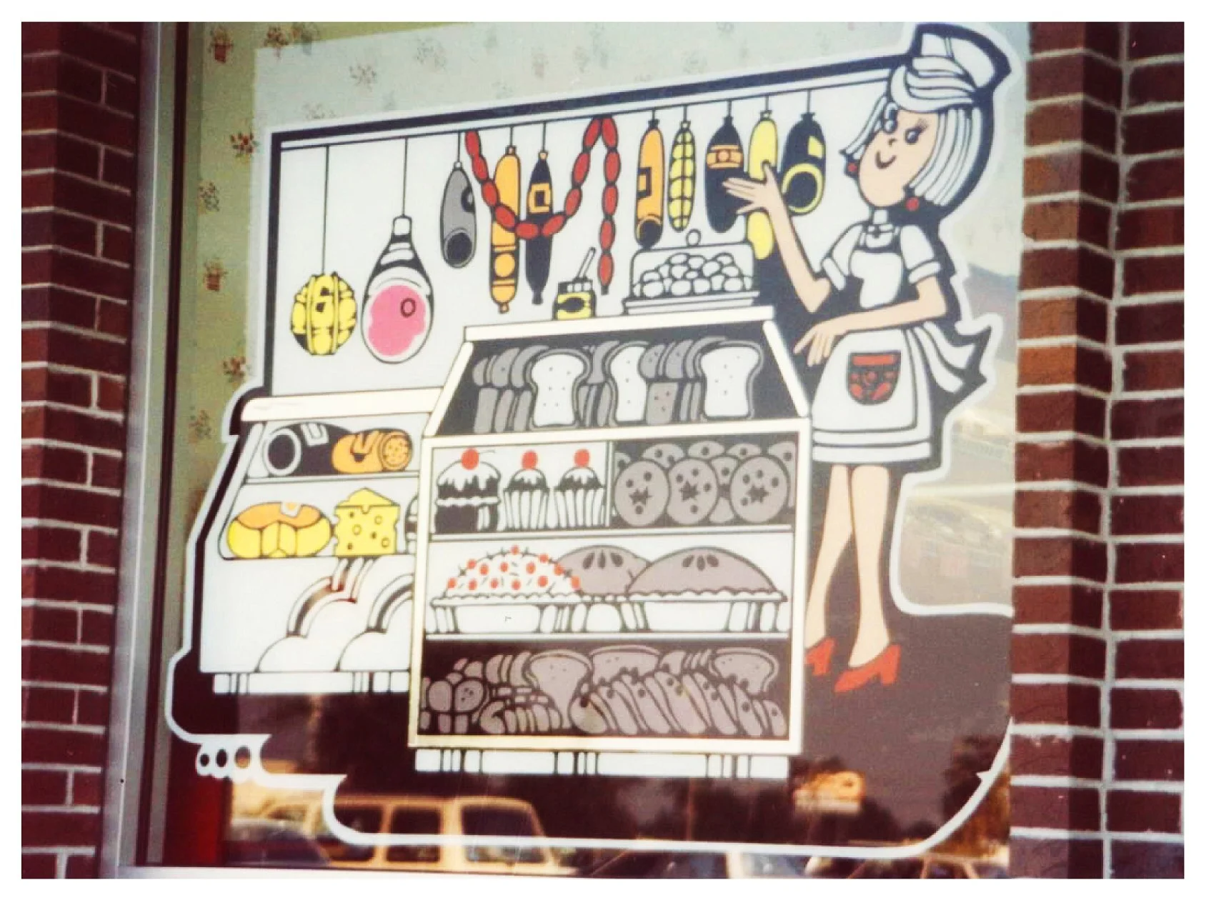 Illustration of a bakery and deli shop window with cartoon female baker and various bread, pastries, and sausages. colored window film