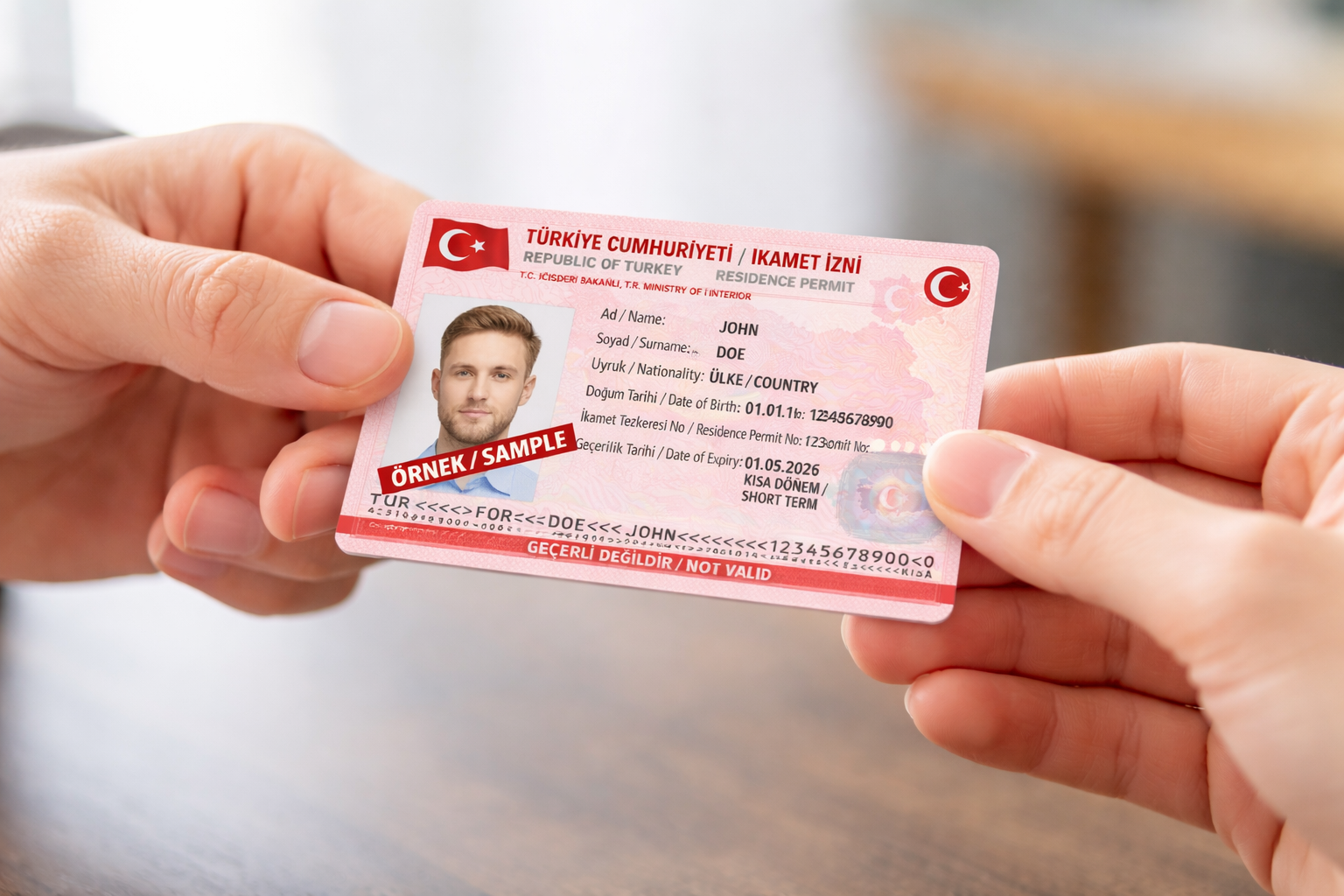 Illustration of a man in a business suit holding a passport and standing with a suitcase in front of a map of Turkey.