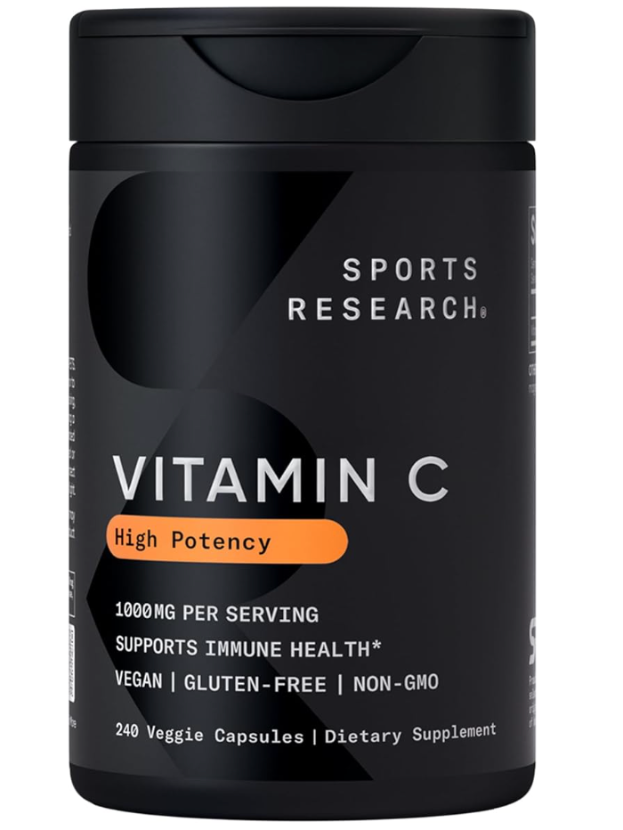 Sports Research High Potency Vitamin C Supplement - Vegan Veggie Capsules for Antioxidant Activity & Immune Support - Non-GMO Verified & Gluten Free - Ascorbic Acid Vitamin C 1000mg, 240 Count