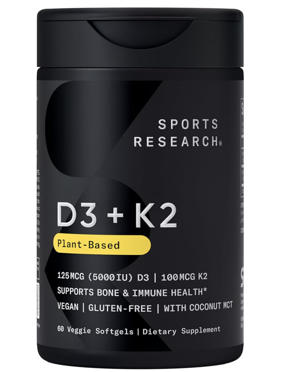 Sports Research® Vitamin D3 + K2 w/ Coconut Oil - Vegan Vitamin D 5000iu & Mk7 Vitamin K 100mcg for Bone & Immune Support - Vegan Certified · Non-GMO · Soy Free - 60 Softgels
