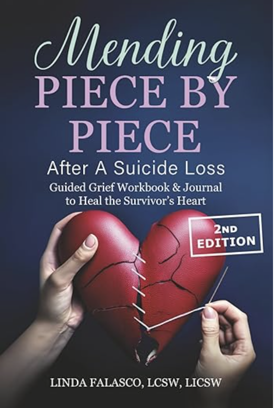 Mending Piece By Piece After a Suicide Loss Guided Grief Workbook & Journal to Heal the Survivor's Heart Blue background with hands hold a broken heart sewing it together