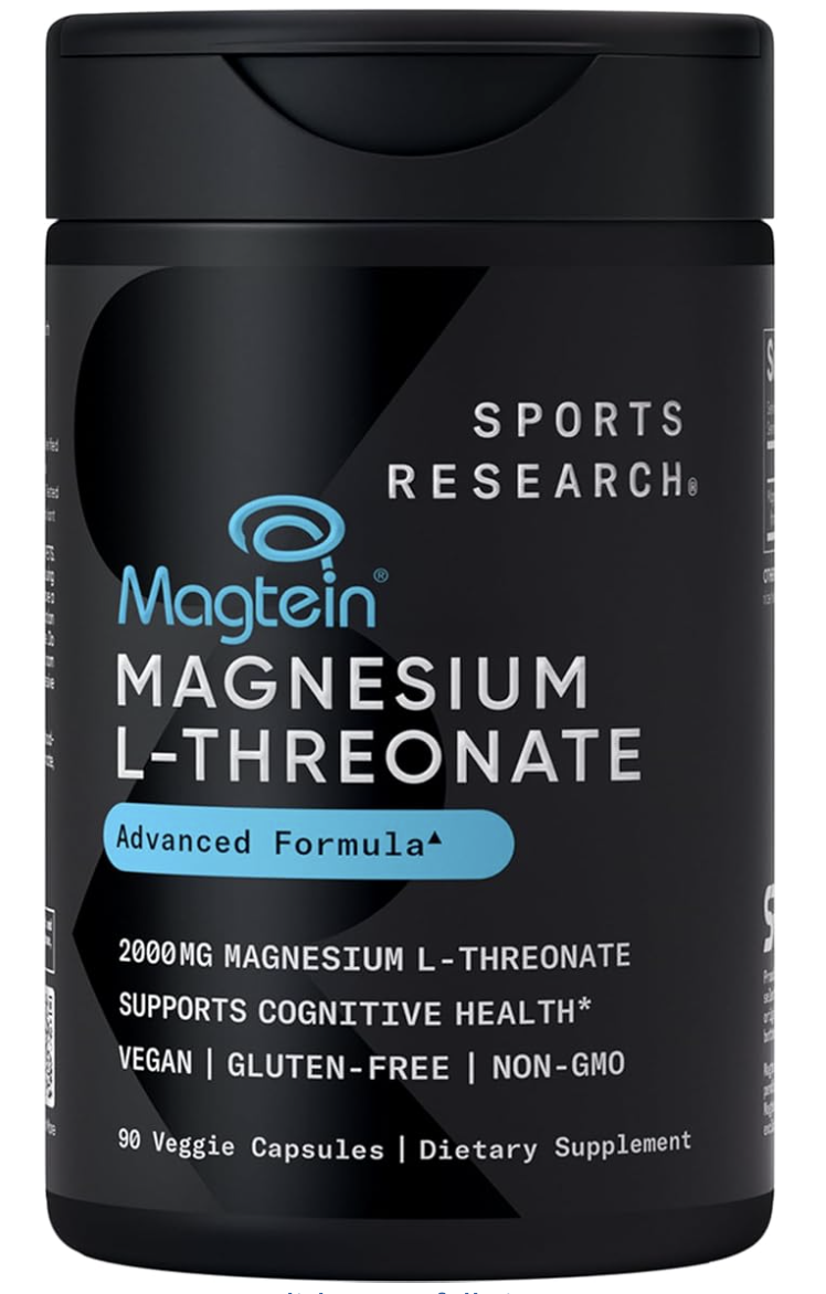 Sports Research® Magnesium L-Threonate Capsules 2000mg - High-Absorption Magtein® for Enhanced Brain Health, Memory, Focus & Restful Sleep Support - Vegan · Non-GMO · Gluten Free - 90 Count
