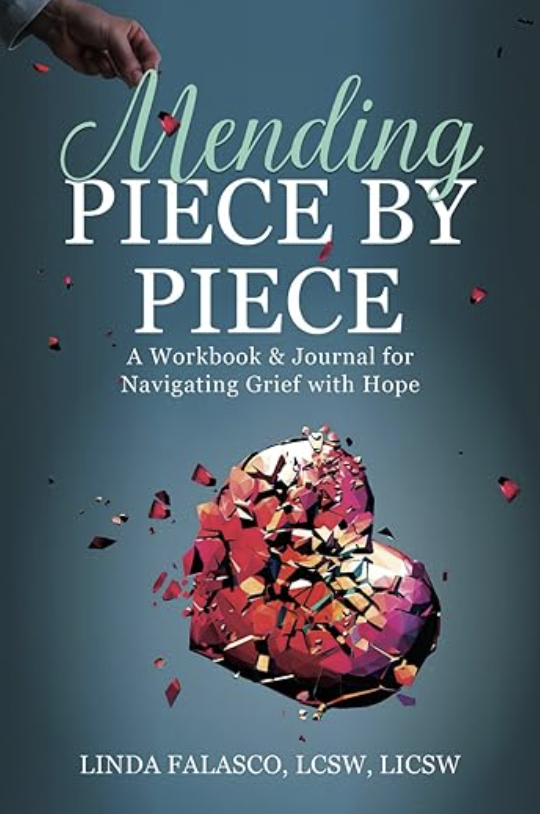 Cover of Mending Piece by Piece A workbook & Journal Navigating Grief with Hope, Blue background with shattered heart