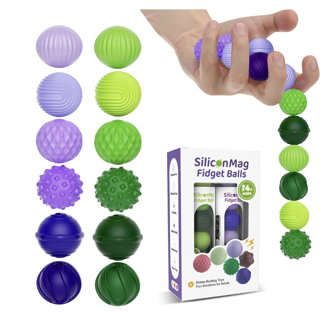 Silicone Magnetic Balls, Fidget Toys, 12-Pack Stress Relief Toys for Adults, Teens, Sensory Toy for Fingers Hands, Quiet Office Desk Toys with Textures
