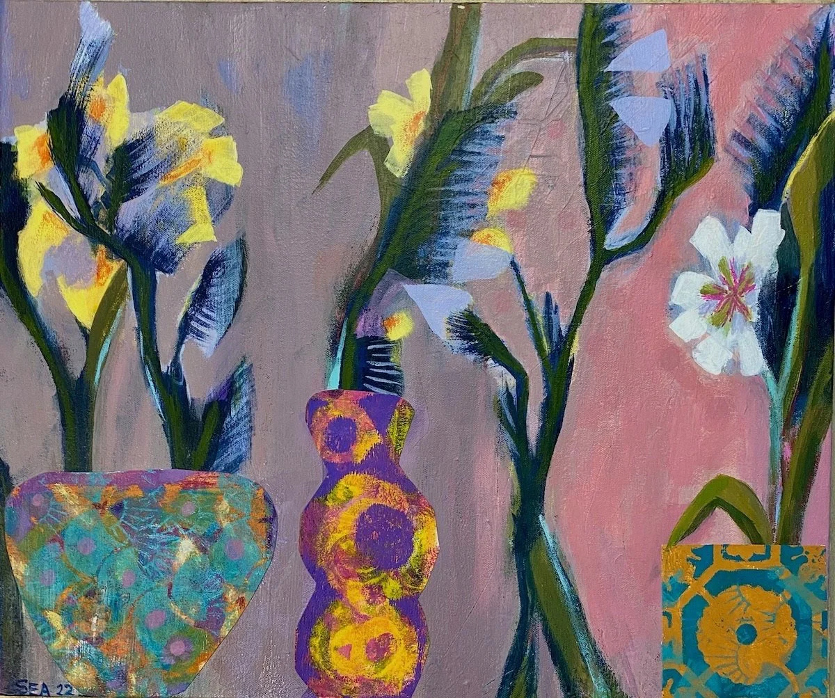  Flowers and Vases   
20” X 24” | Acrylic and Collage on Canvas