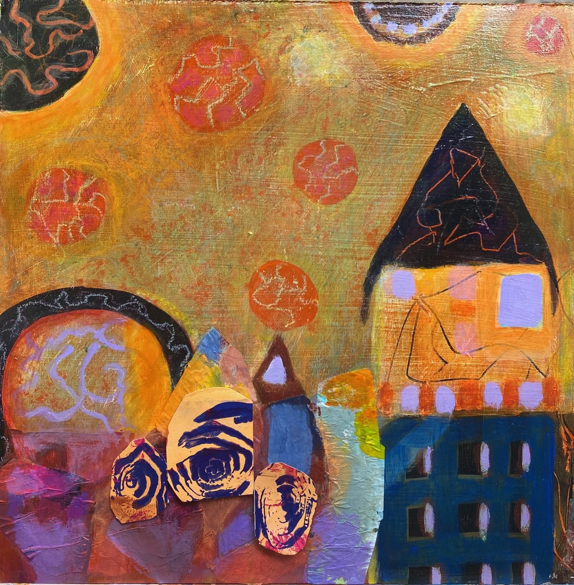   Asian Cityscape   
12” X 12” | Acrylic with Collage on Wood Panel