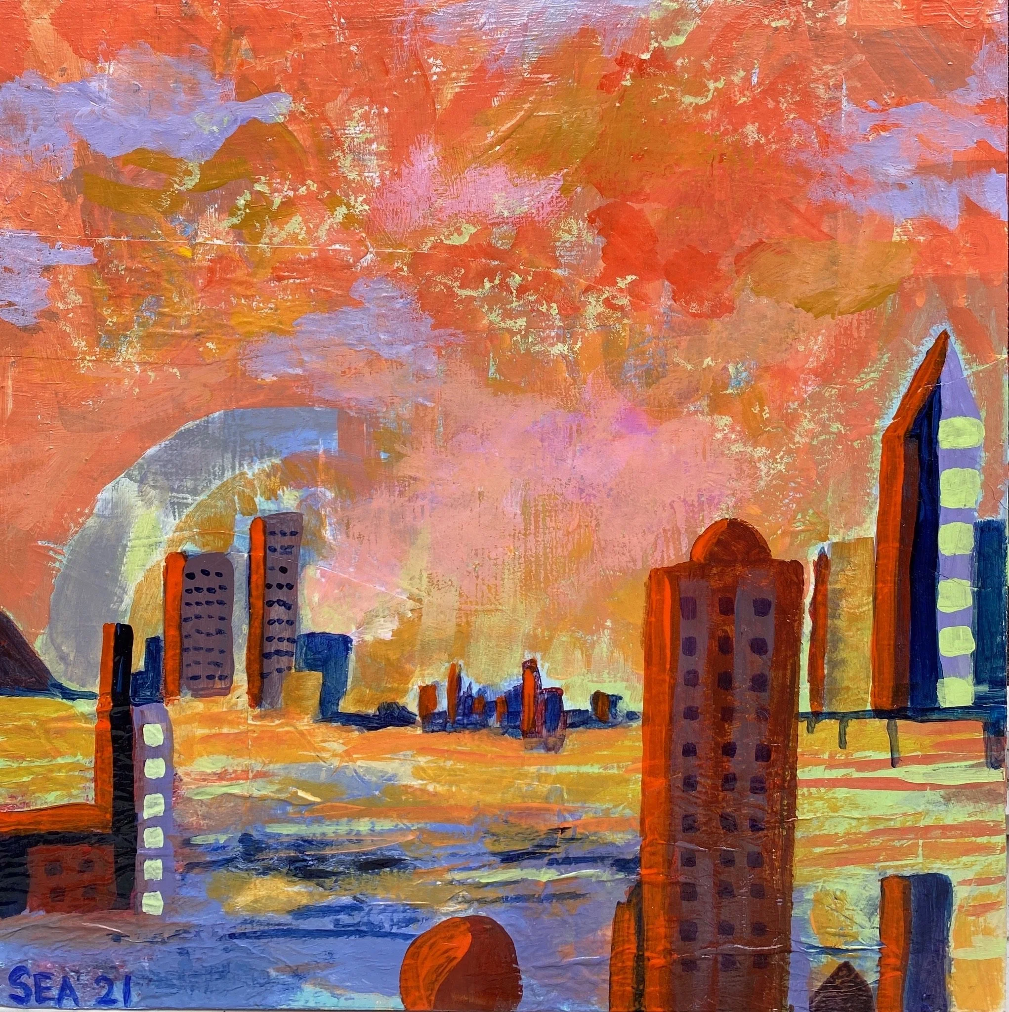  Futuristic City Sunset   
12” X 12” | Acrylic on Wood Panel