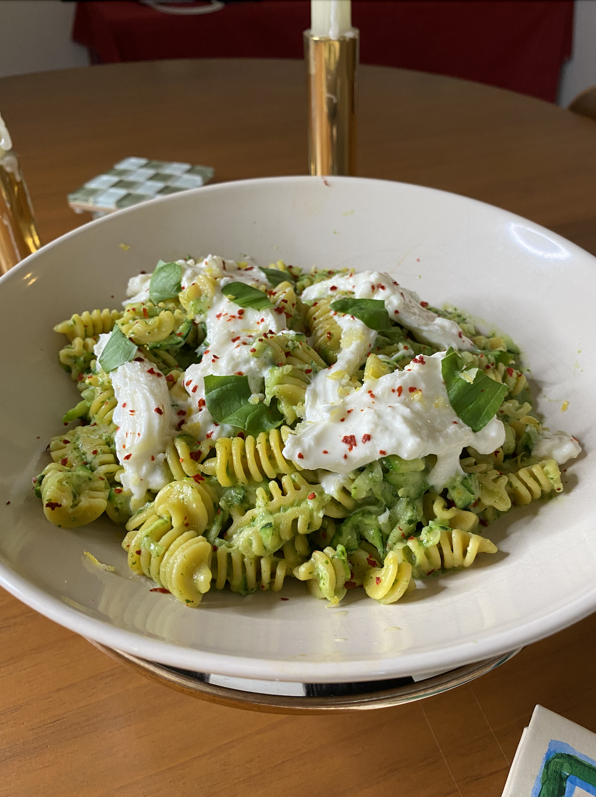 Zucchini Pasta with Basil-Spinach Pesto & Burrata