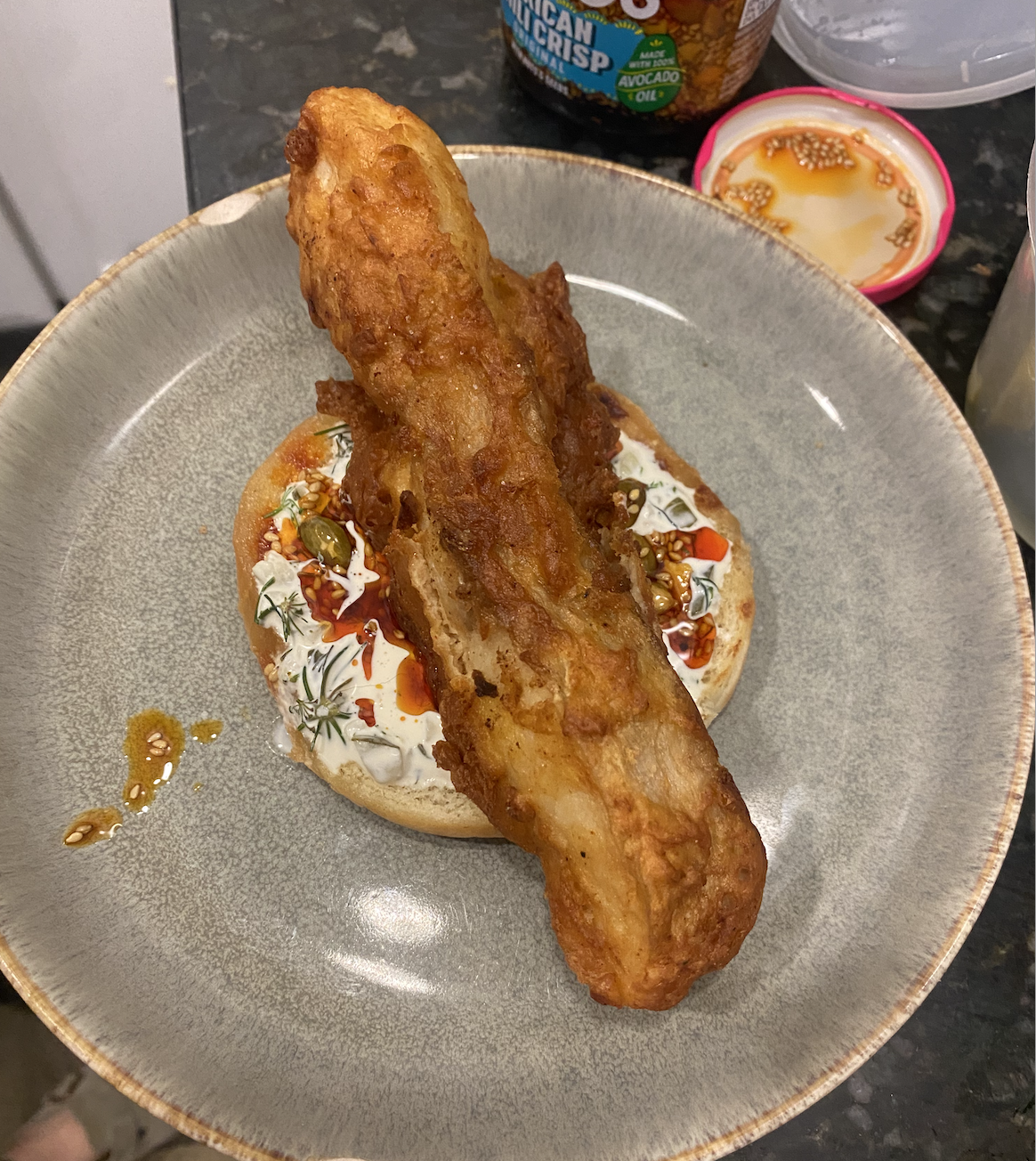 Crispy Beer-Battered Fish Sandwich with Tangy Dill Sauce & Salsa Macha