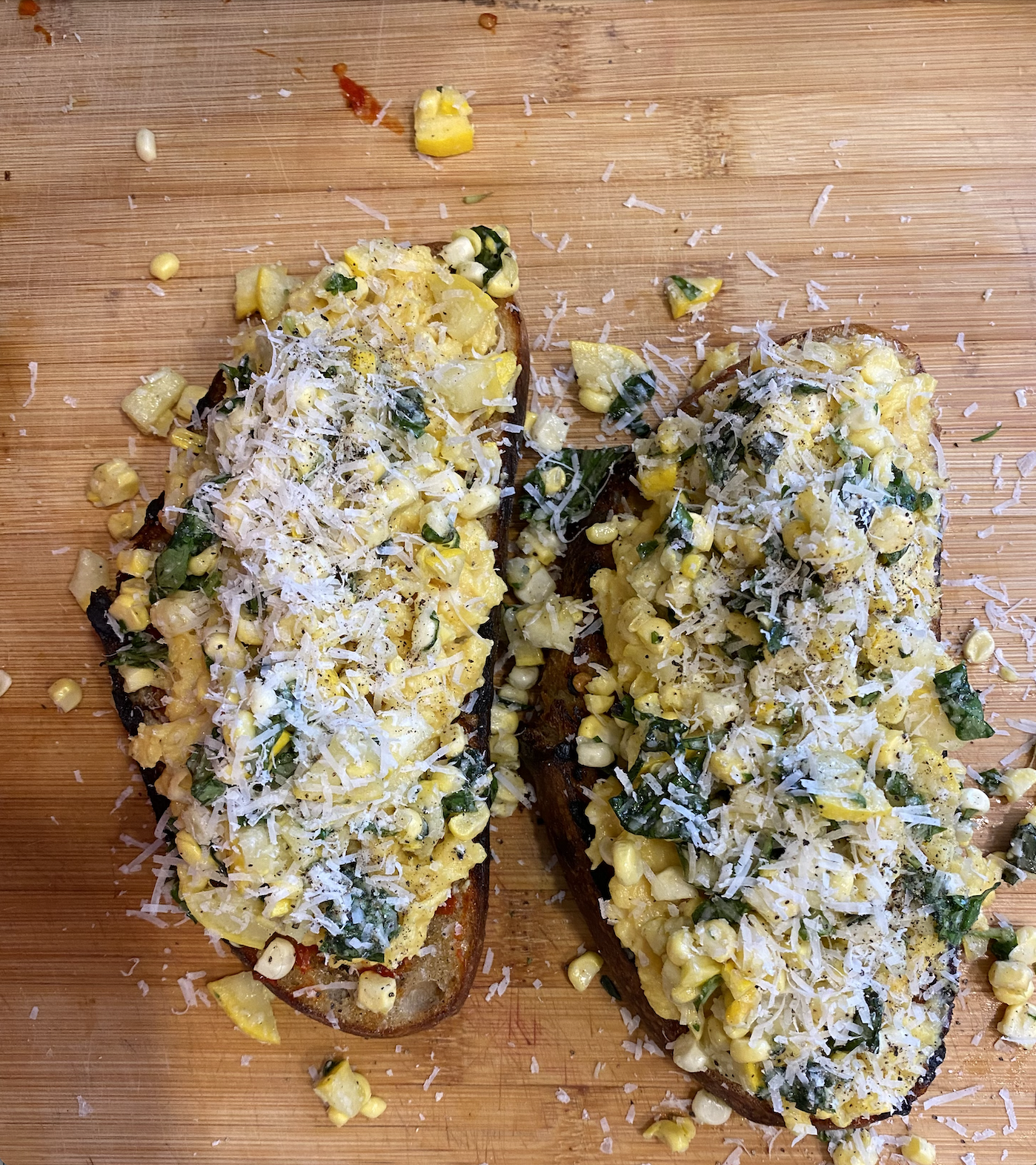 Jammy Eggs on Grilled Sourdough with Summer Corn–Squash Salad