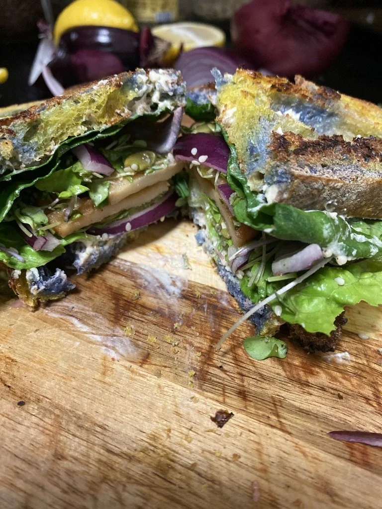 Grilled Hummus–Za’atar Sprout Sandwich with Spicy Tempeh