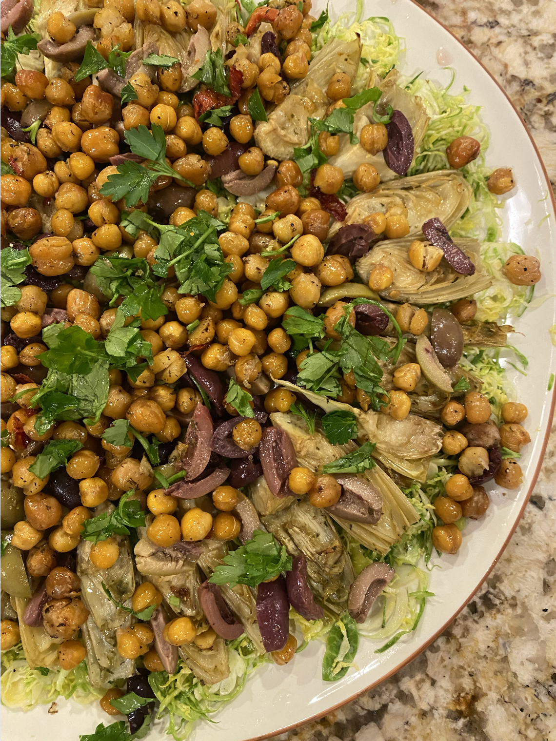 Shaved Brussels Sprouts Salad with Crispy Chickpeas, Marinated Artichokes &amp; Lemon–Garlic Dressing